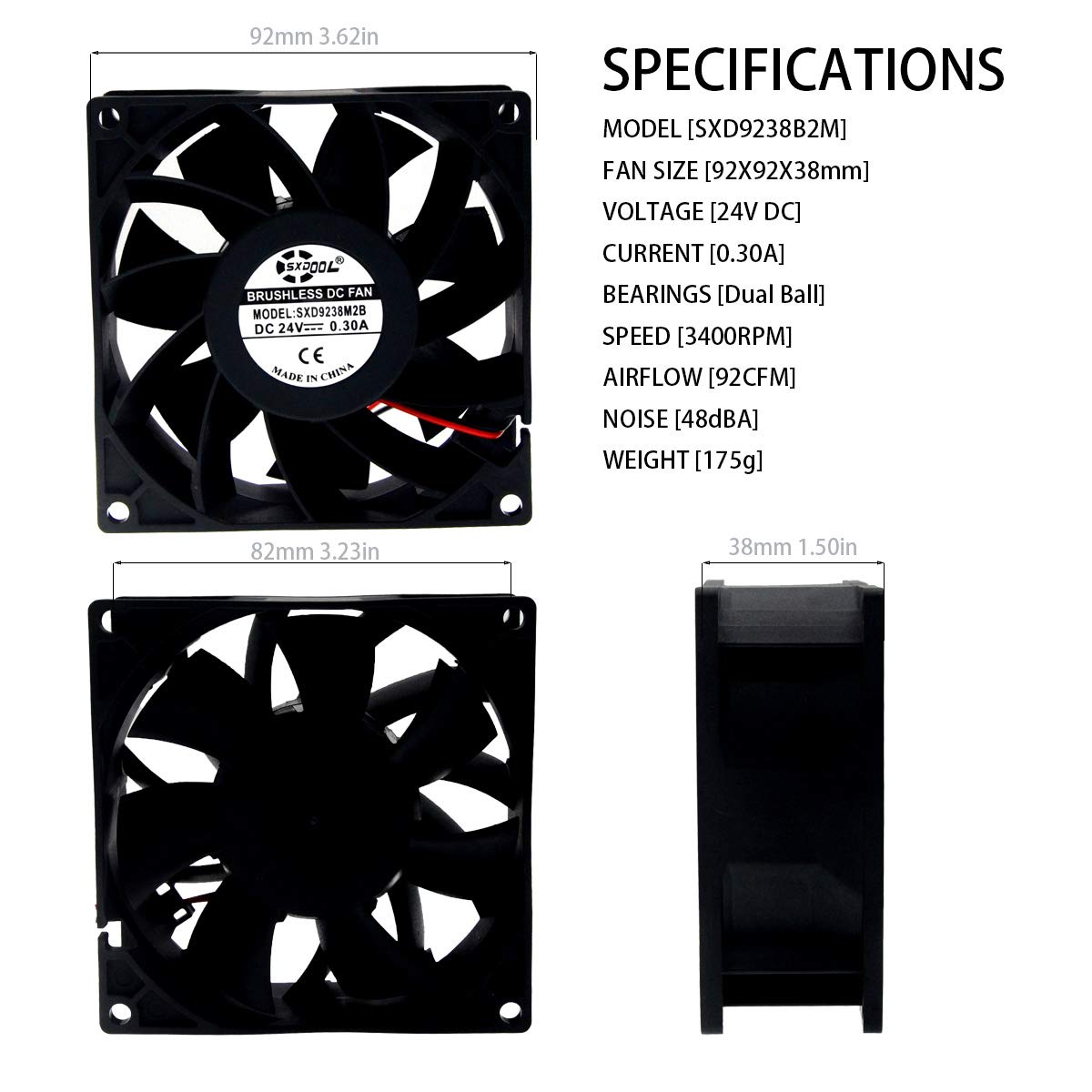 SXDOOL 92×92×38mm DC 24V High-Speed Axial Cooling Fan — 3400RPM, 92CFM, Dual Ball Bearing