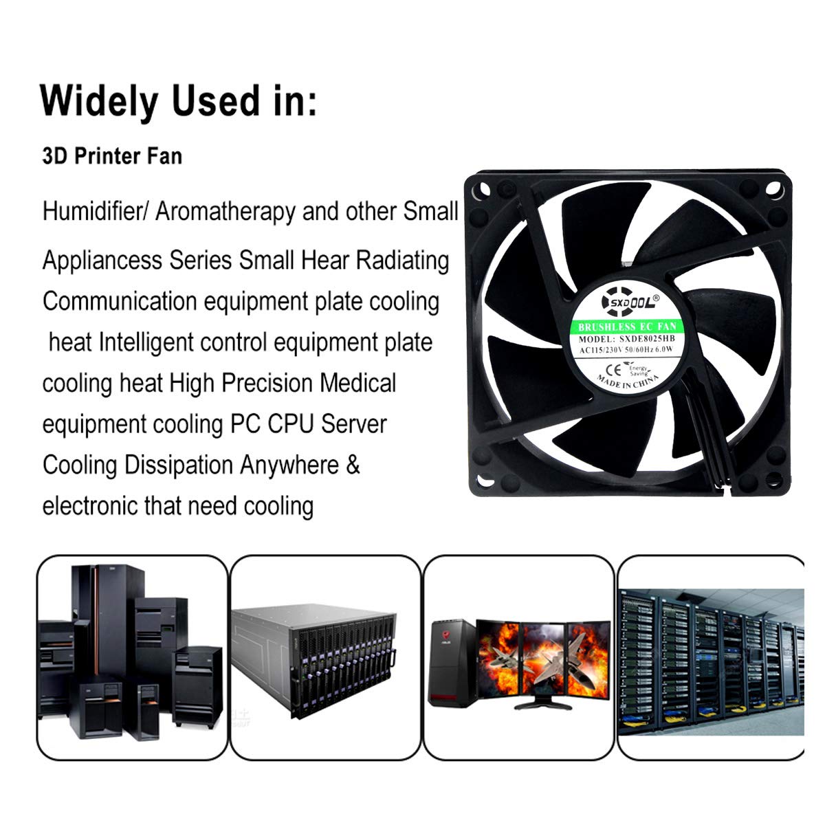 SXDE8025BH 80mm EC Cooling Fan - AC 110-240V Wide Voltage, 3400RPM, 45CFM, Dual Ball Bearing, for Server Cabinet, Chassis, Projector