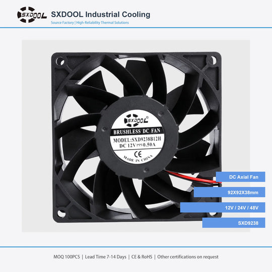 92x92x38mm 92mm 9238 DC Cooling Fan Series | 12V 24V 48V | Dual Ball Bearing