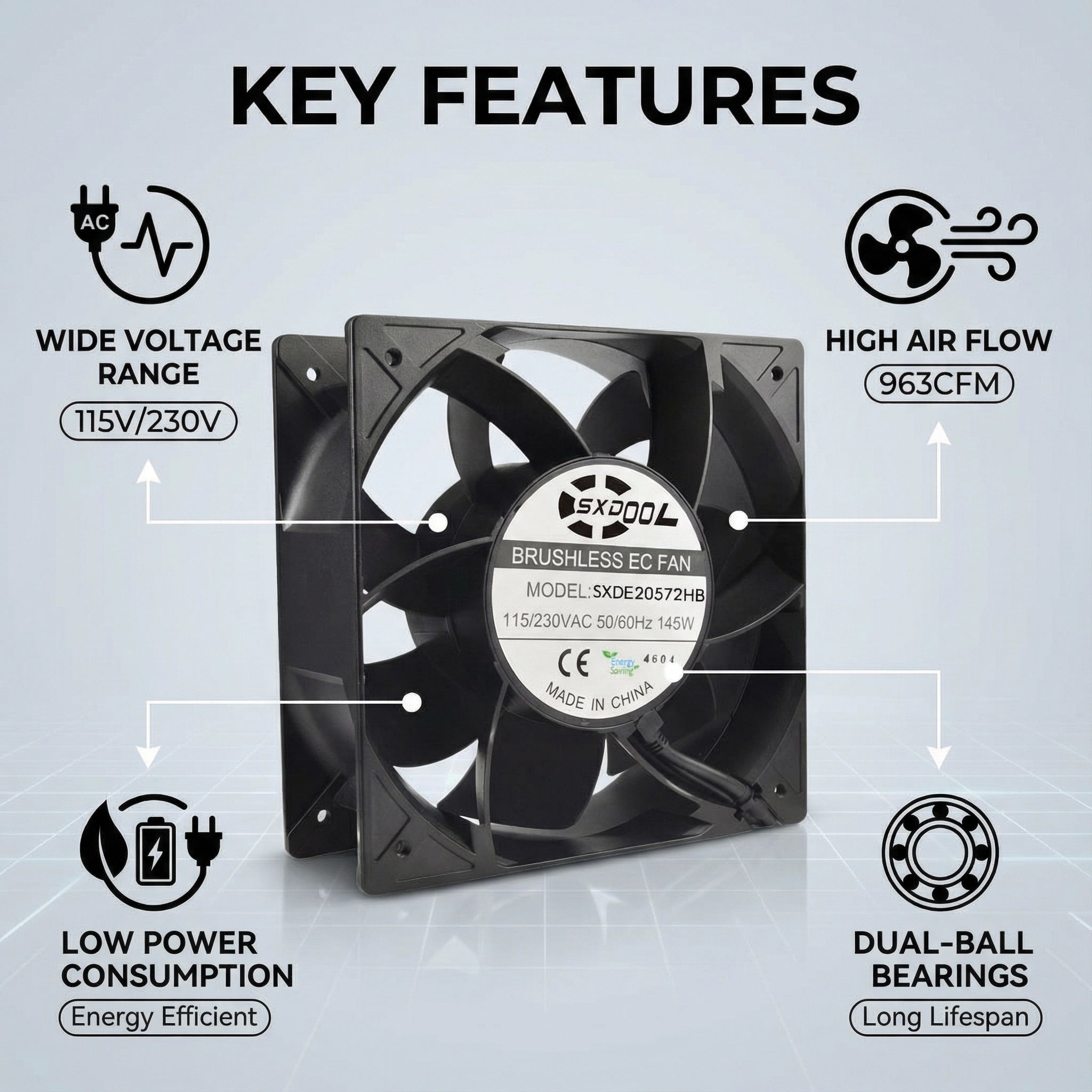 SXDE20572HB 205mm EC Cooling Fan - 205x205x72mm, 115V/230V, 963 CFM, 3600 RPM with PWM Control for Industrial Cabinets, Charging Piles & Server Racks | High-Efficiency Source Factory