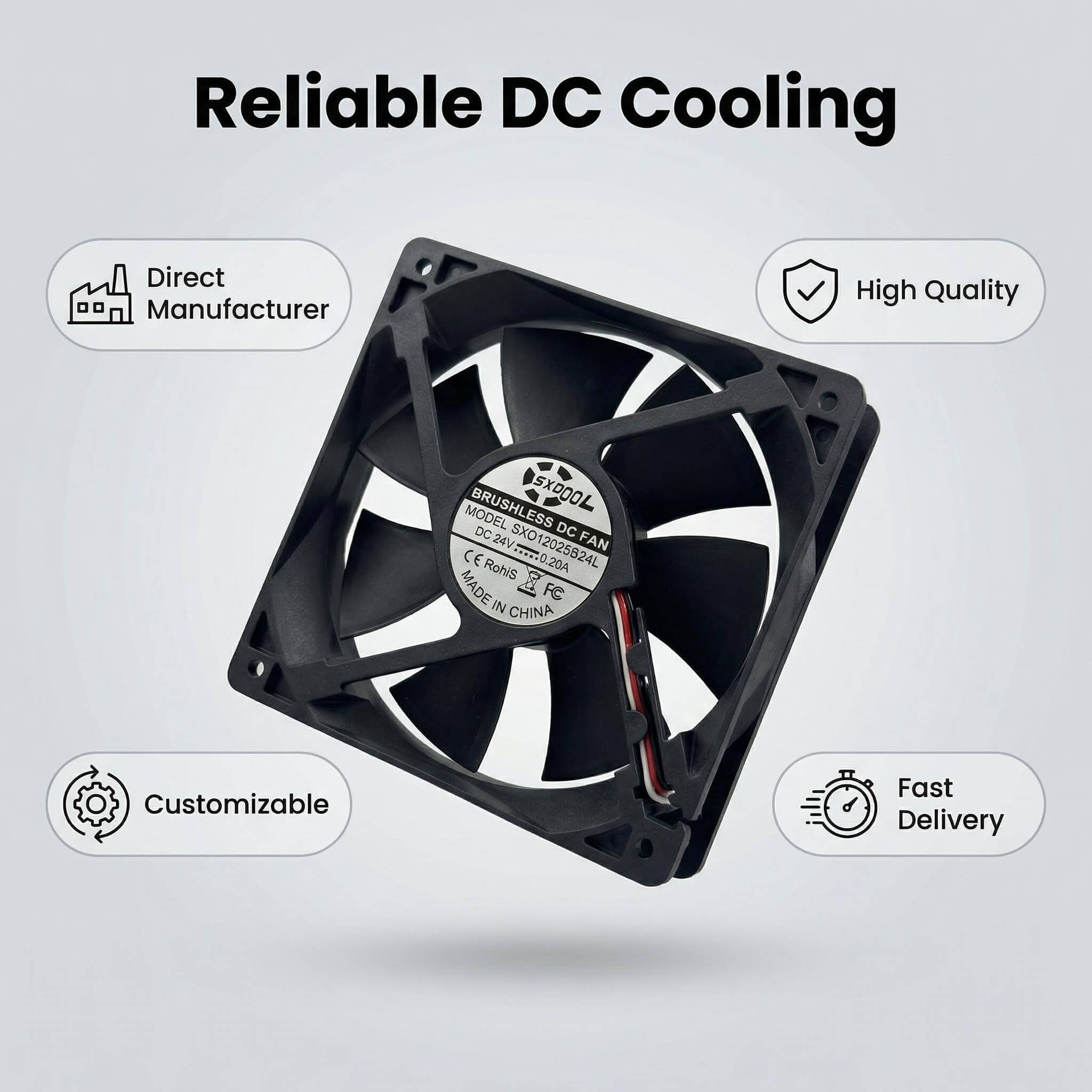 SXDOOL 120mm 24V DC Fan, 12025 0.20A 2200RPM 79CFM, Dual Ball Bearing with Copper Tube & RD Alarm Signal, Industrial Grade Brushless Cooling Fan