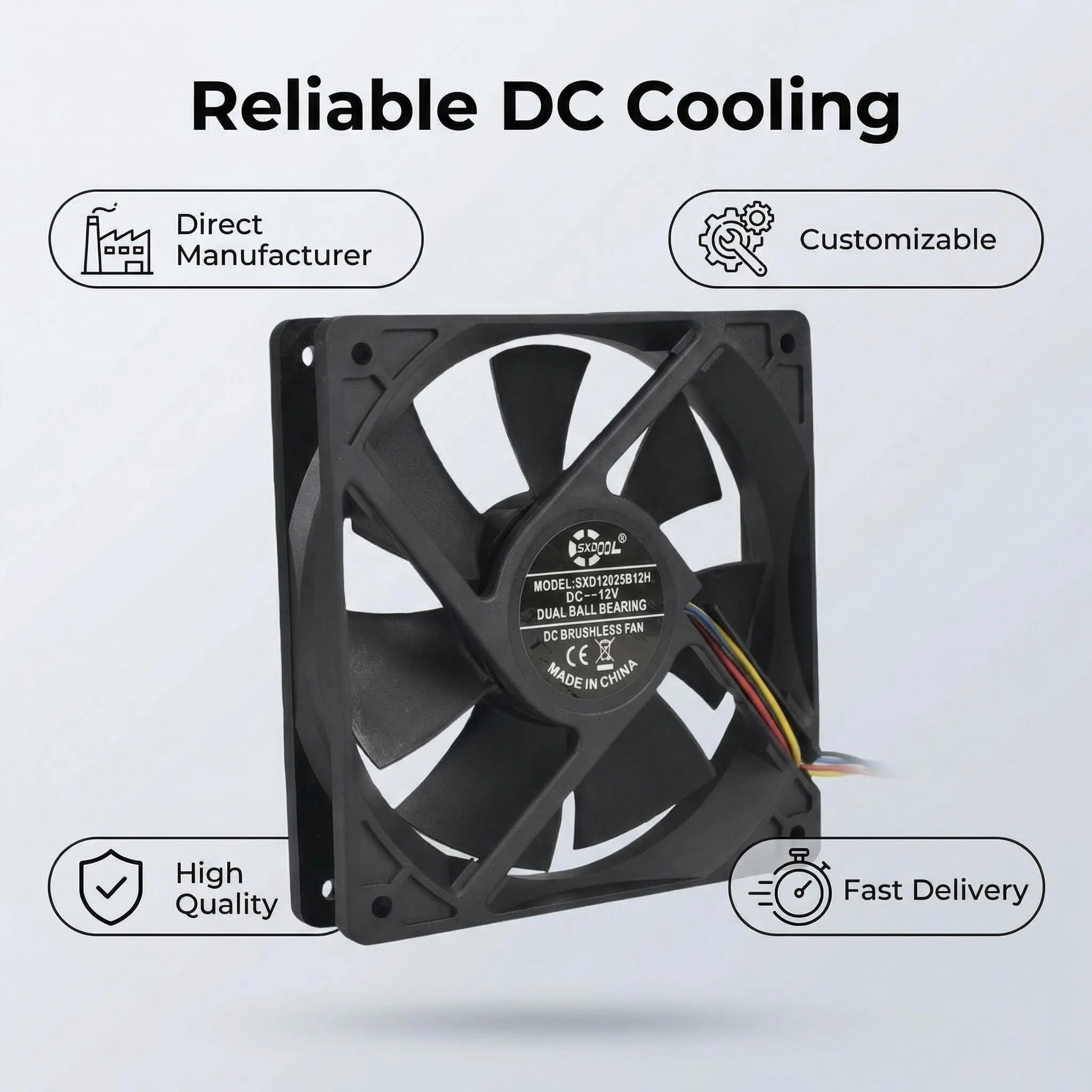 SXDOOL 120mm High Speed DC Fan, 12025 12V 0.80A 4400RPM 143.1CFM, Dual Ball Bearing 4-Pin PWM Cooling Fan for CPU Server