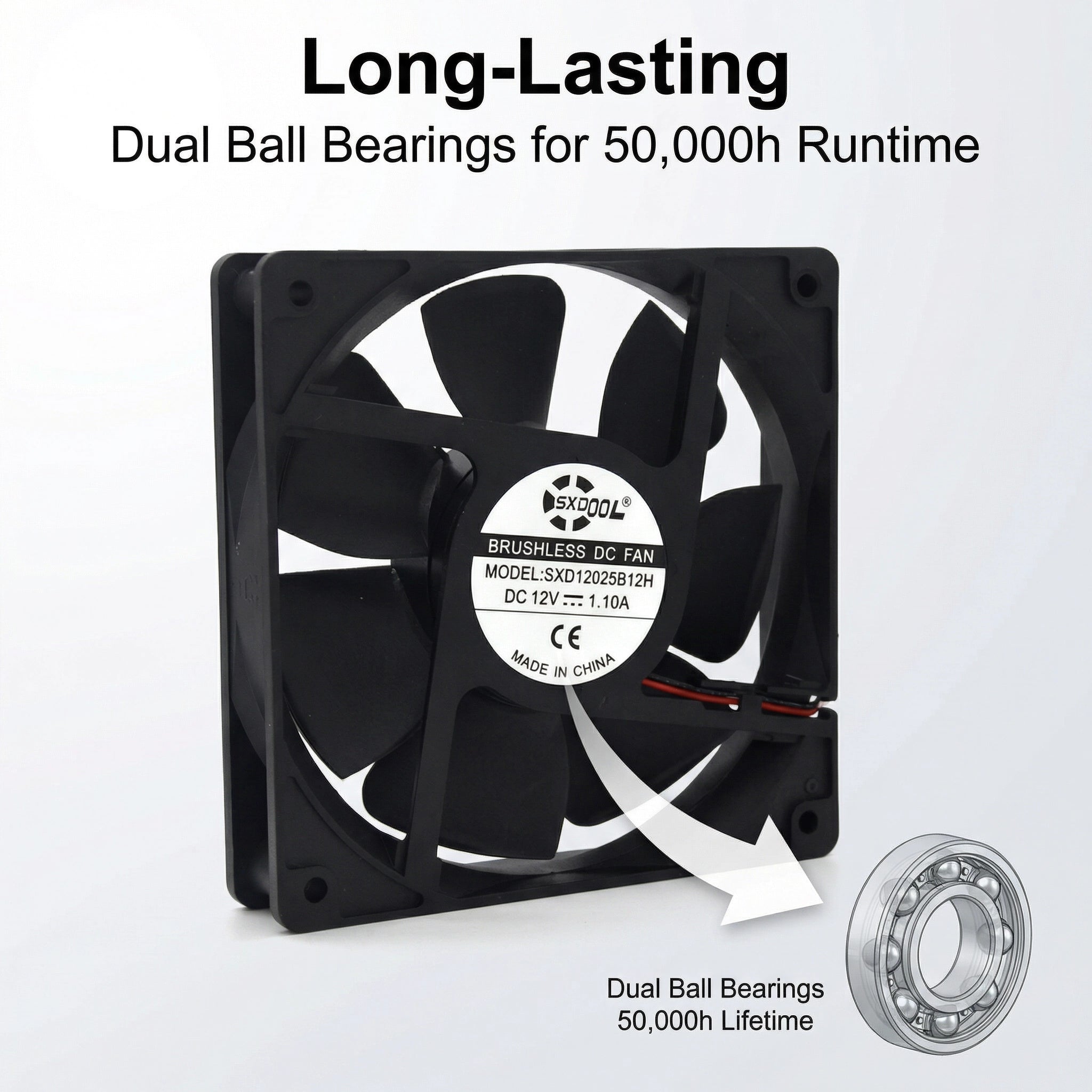 SXDOOL 120mm High Speed DC Fan, 12025 12V 0.56A 4400RPM 135.5CFM, 120X120X25mm Dual Ball Bearing Industrial Cooling Fan