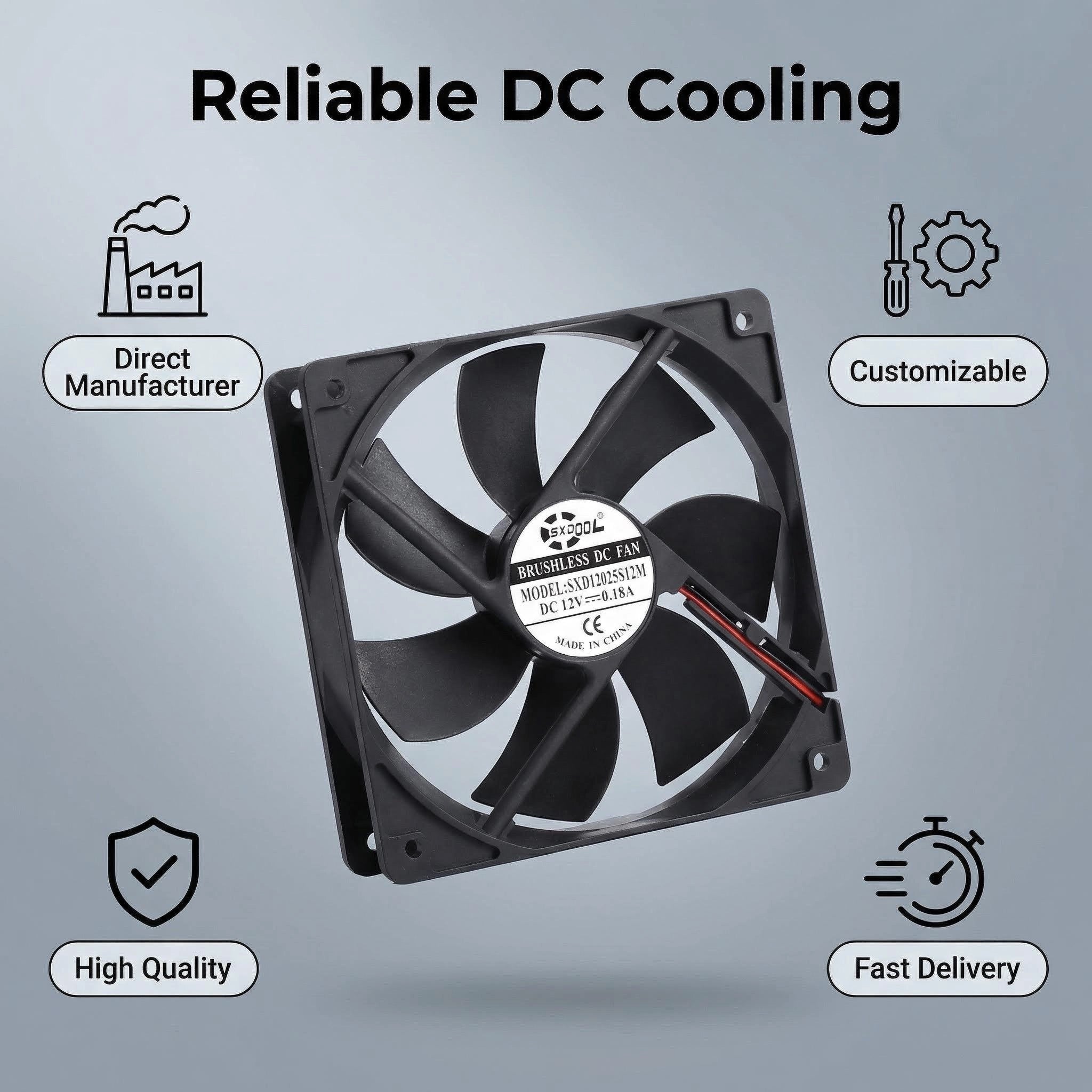 SXDOOL 120mm DC Cooling Fan, 12025 12V 0.18A 2200RPM 79CFM, Dual Ball Bearing Ultra-Quiet Fan for PC & Industrial Chassis