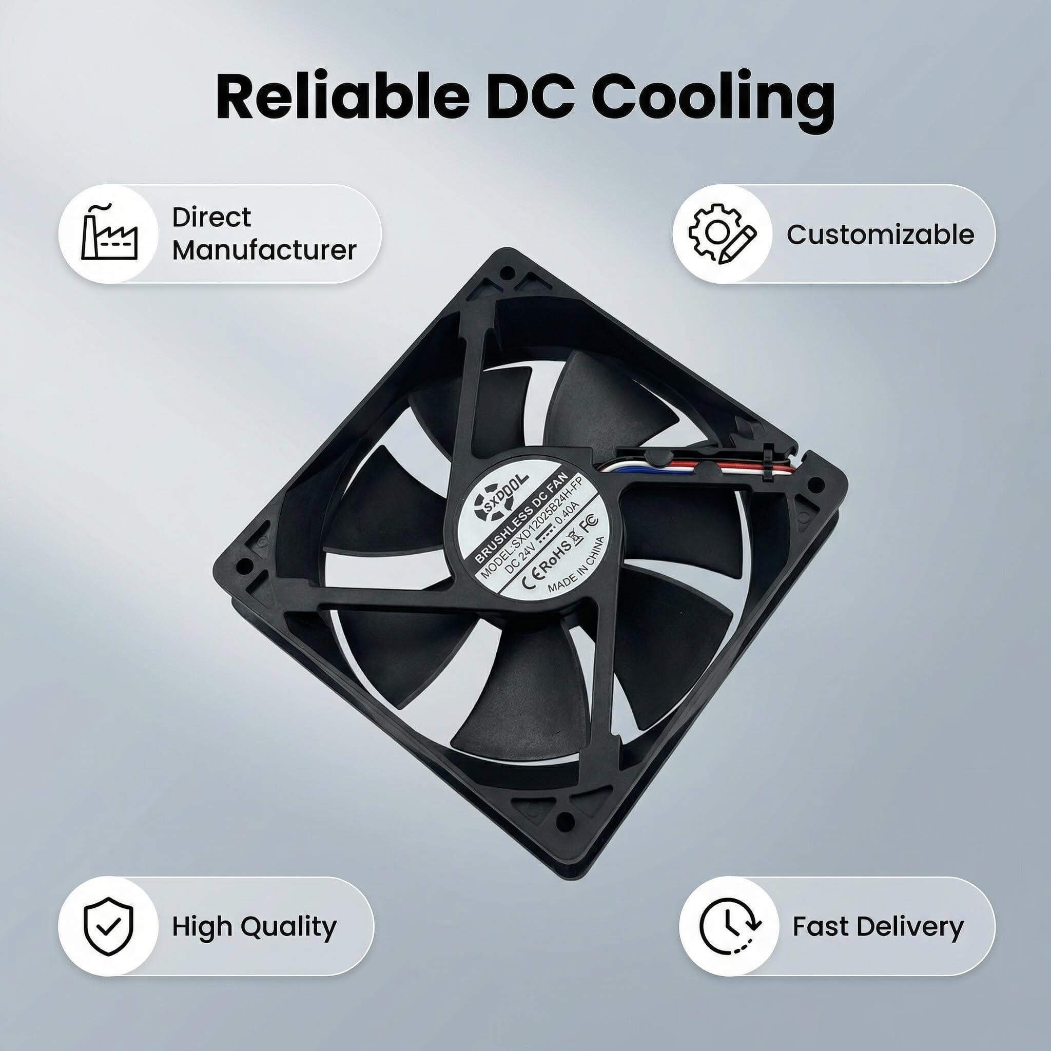 SXDOOL 120mm 24V DC Fan, 12025 0.40A 3800RPM 135.5CFM High Airflow, Dual Ball Bearing PWM Intelligent Speed Control & FG Signal Industrial Fan