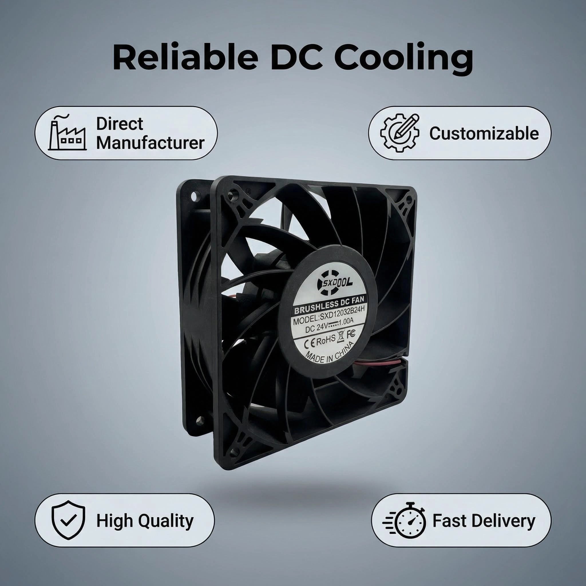 SXDOOL 120mm 24V DC Fan, 12038 1.00A 4500RPM 200CFM High Airflow, Dual Ball Bearing Industrial Grade Cooling Fan for Power Supply & Cabinets