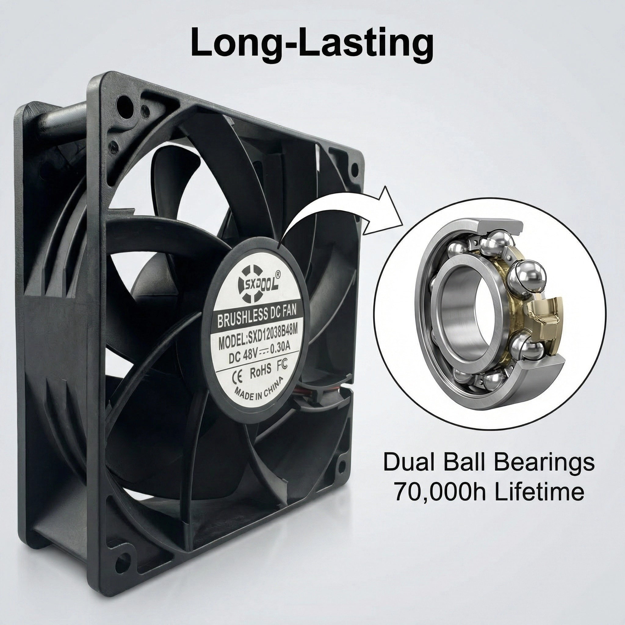 SXDOOL 120mm 48V DC Fan, 12038 0.30A 3100RPM 126CFM High Airflow, Dual Ball Bearing Heavy-Duty Cooling Fan for Telecom & Server Cabinets