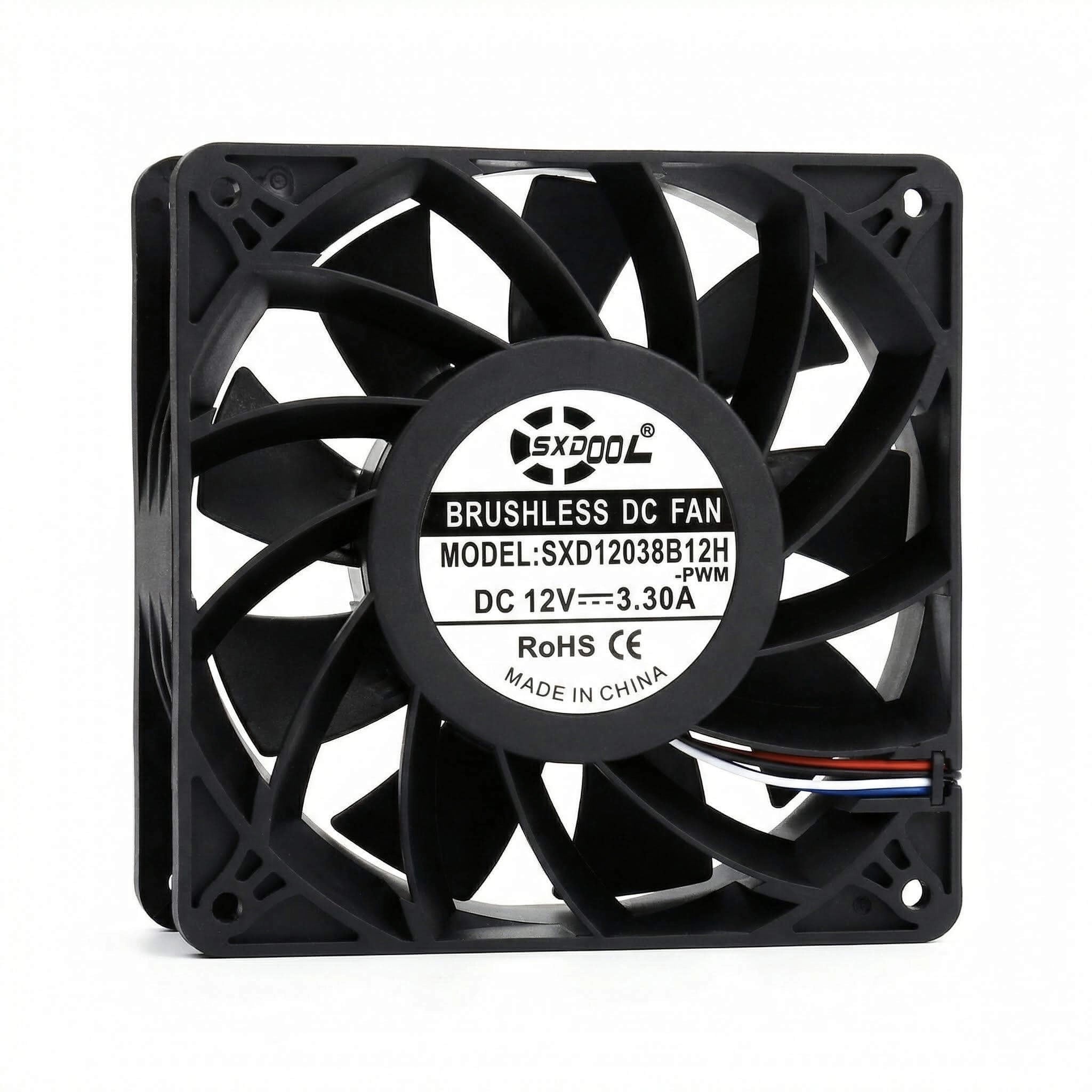 SXDOOL 120mm Extreme High Speed Fan, 12038 12V 3.3A 4500RPM 215CFM, Dual Ball Bearing 4-Pin PWM High Static Pressure Industrial Cooling Fan