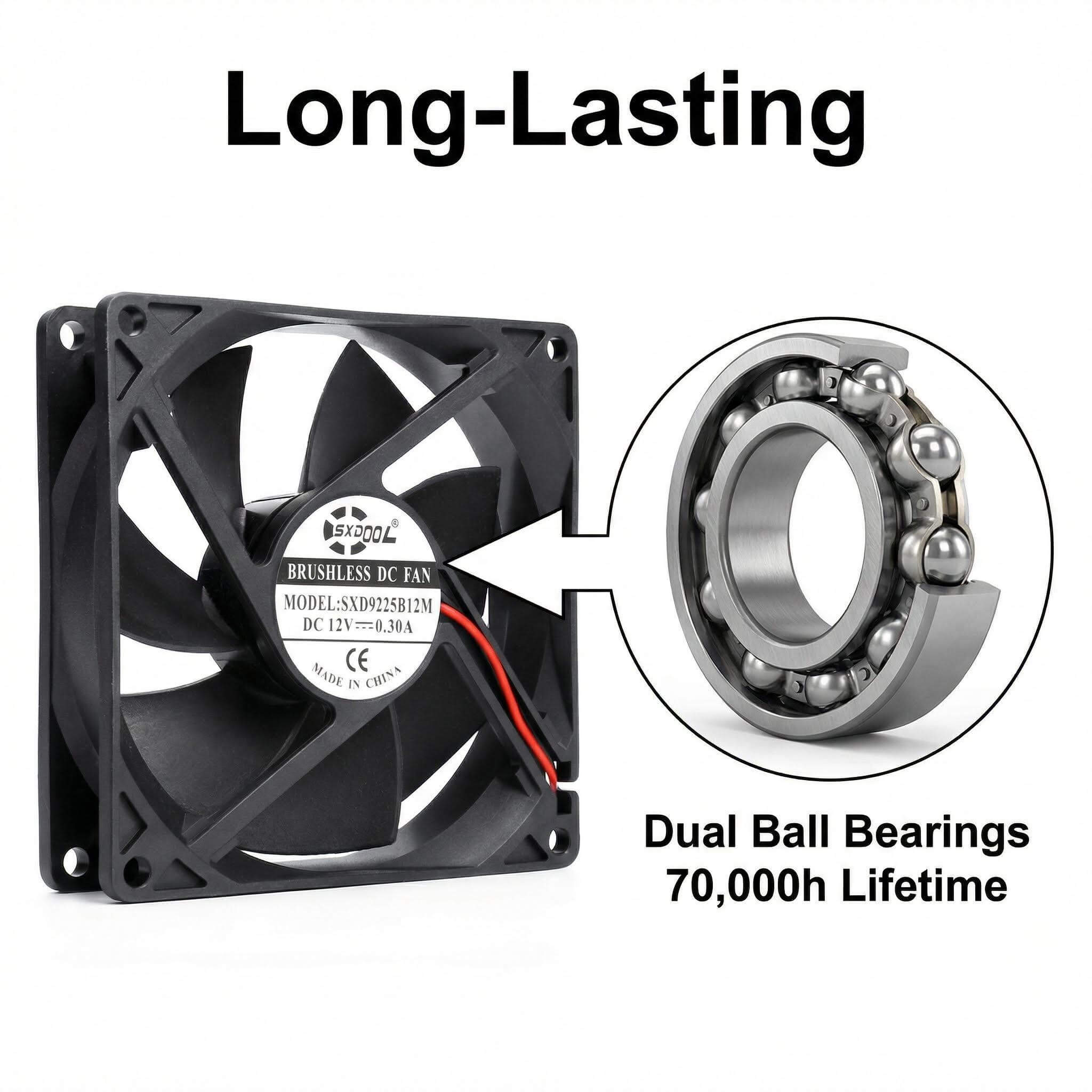 SXDOOL 92mm DC Fan, 92x92x25mm 0.30A 3000RPM 59.6CFM, High Static Pressure Dual Ball Bearing Cooling Fan for Workstation & Industrial Equipment