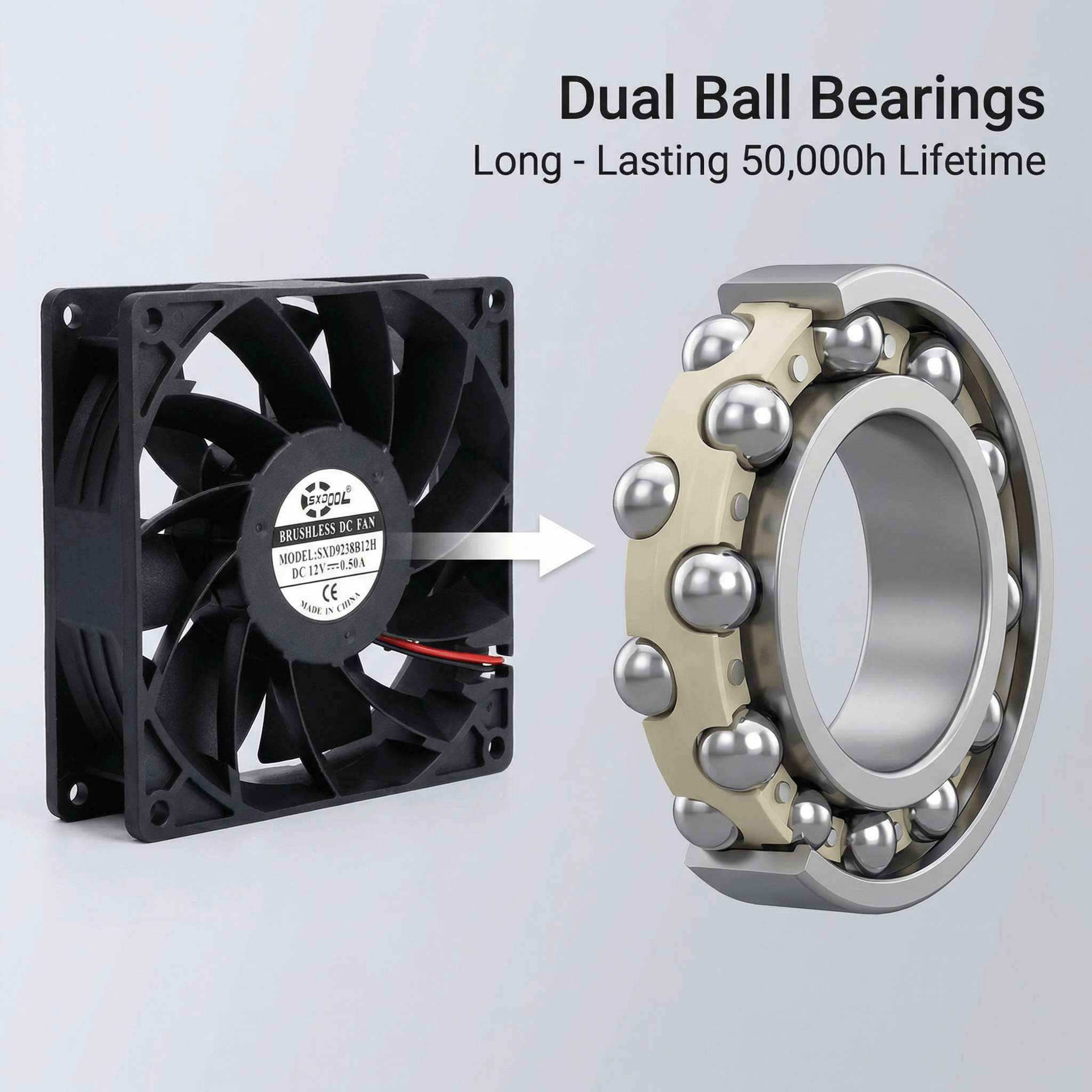 SXDOOL 92×92×38mm DC 12V High-Speed Cooling Fan — 4600 RPM | 103 CFM | Dual Ball Bearing (OEM)