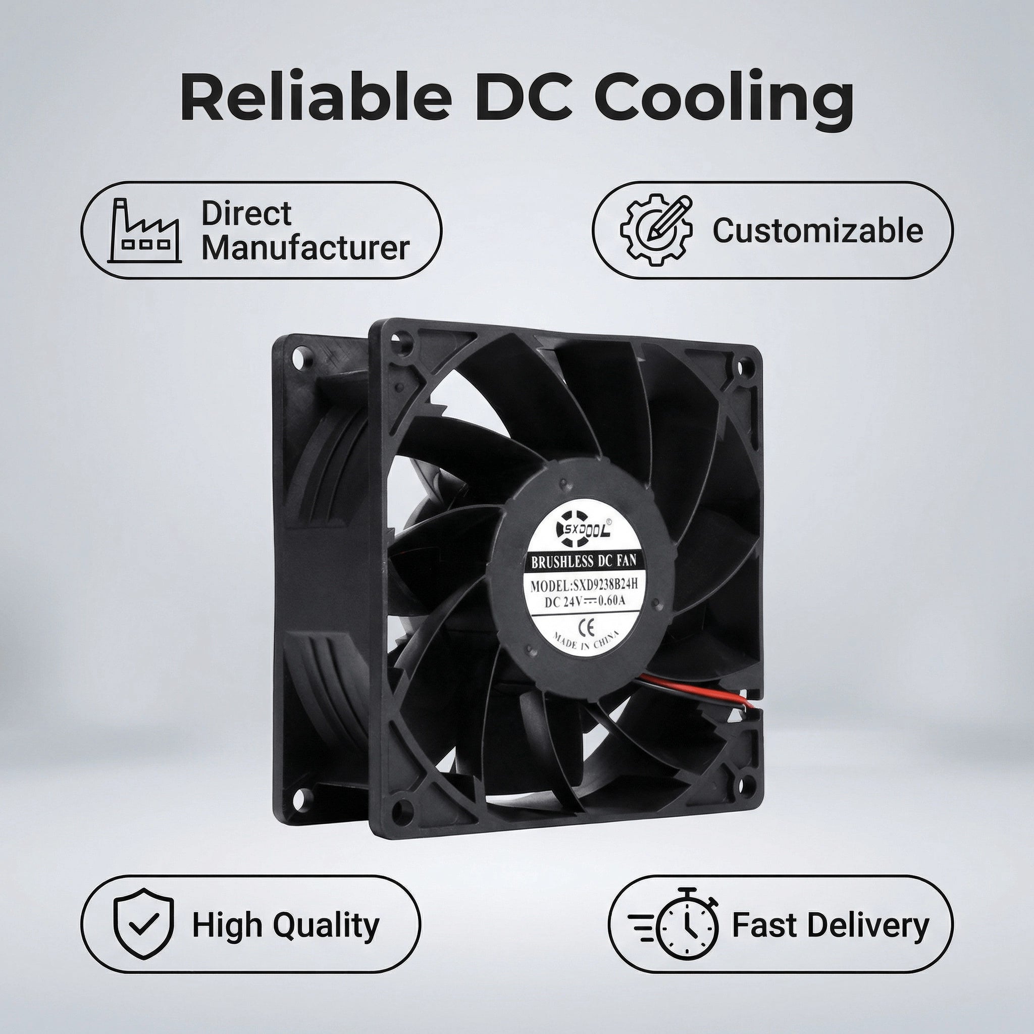 SXDOOL 92×92×38mm DC 24V High-Speed Axial Cooling Fan — 3400RPM, 92CFM, Dual Ball Bearing