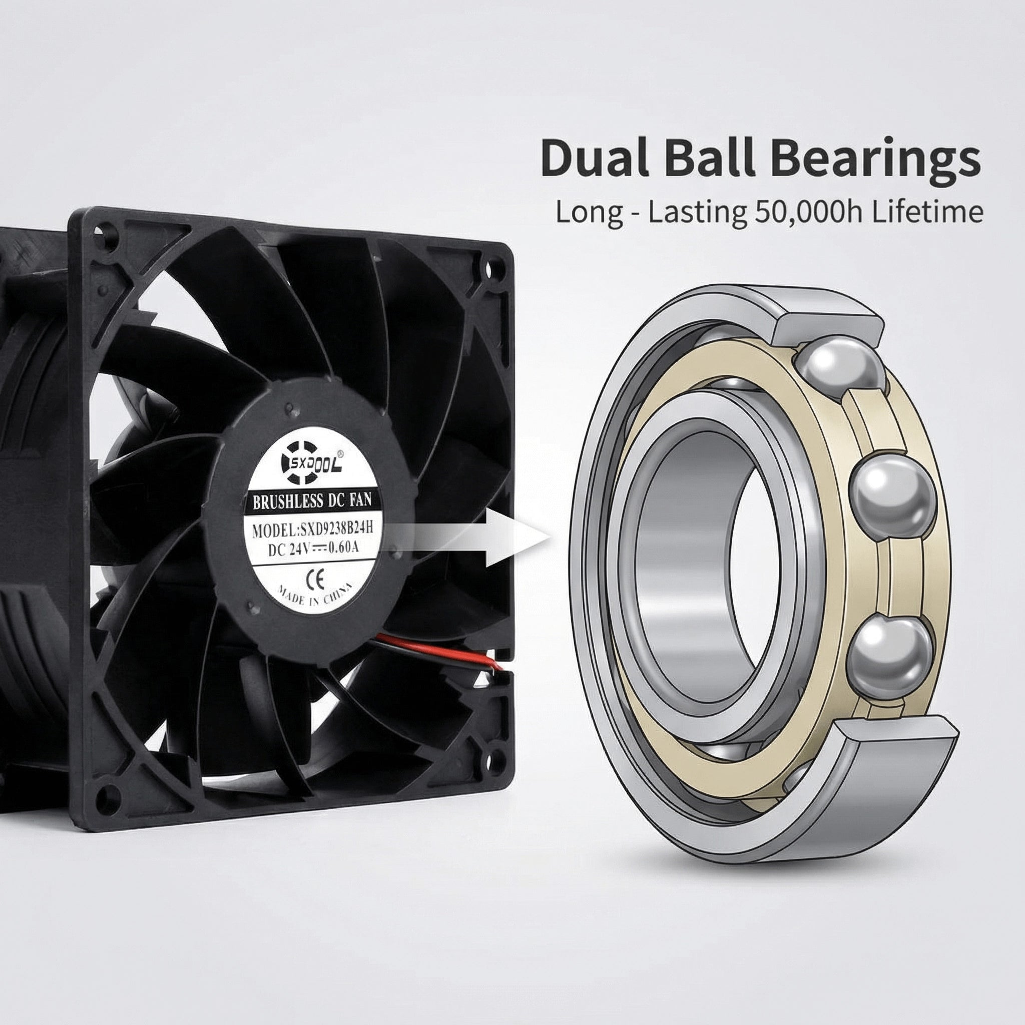 SXDOOL 92×92×38mm DC 24V High-Speed Axial Cooling Fan — 3400RPM, 92CFM, Dual Ball Bearing