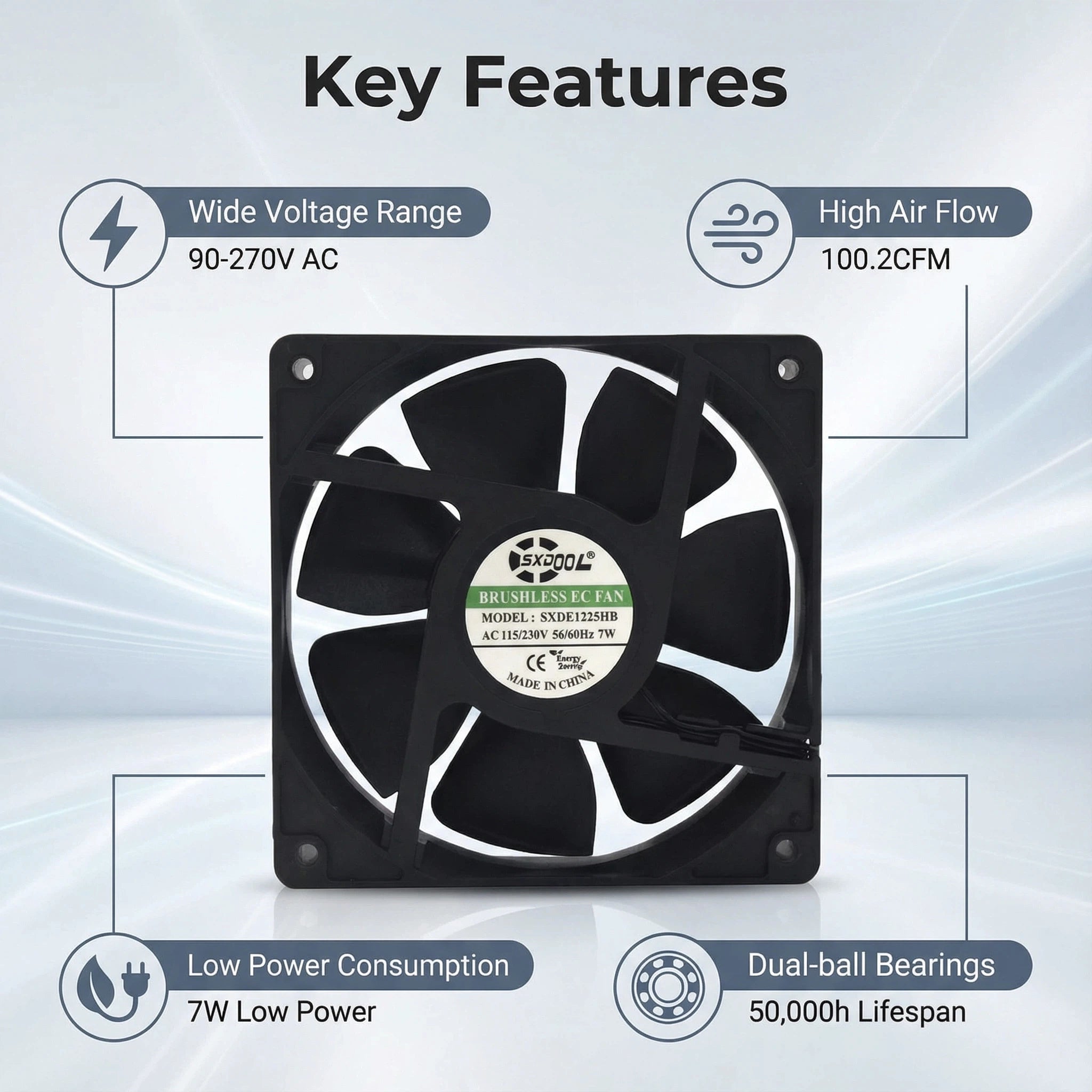120mm EC Cooling Fan - 120x120x25mm Dual Ball Bearing, AC 90-270V, 2800 RPM, 100.2 CFM for Server Cabinet, Chassis, Industrial Case Cooling | Source Factory