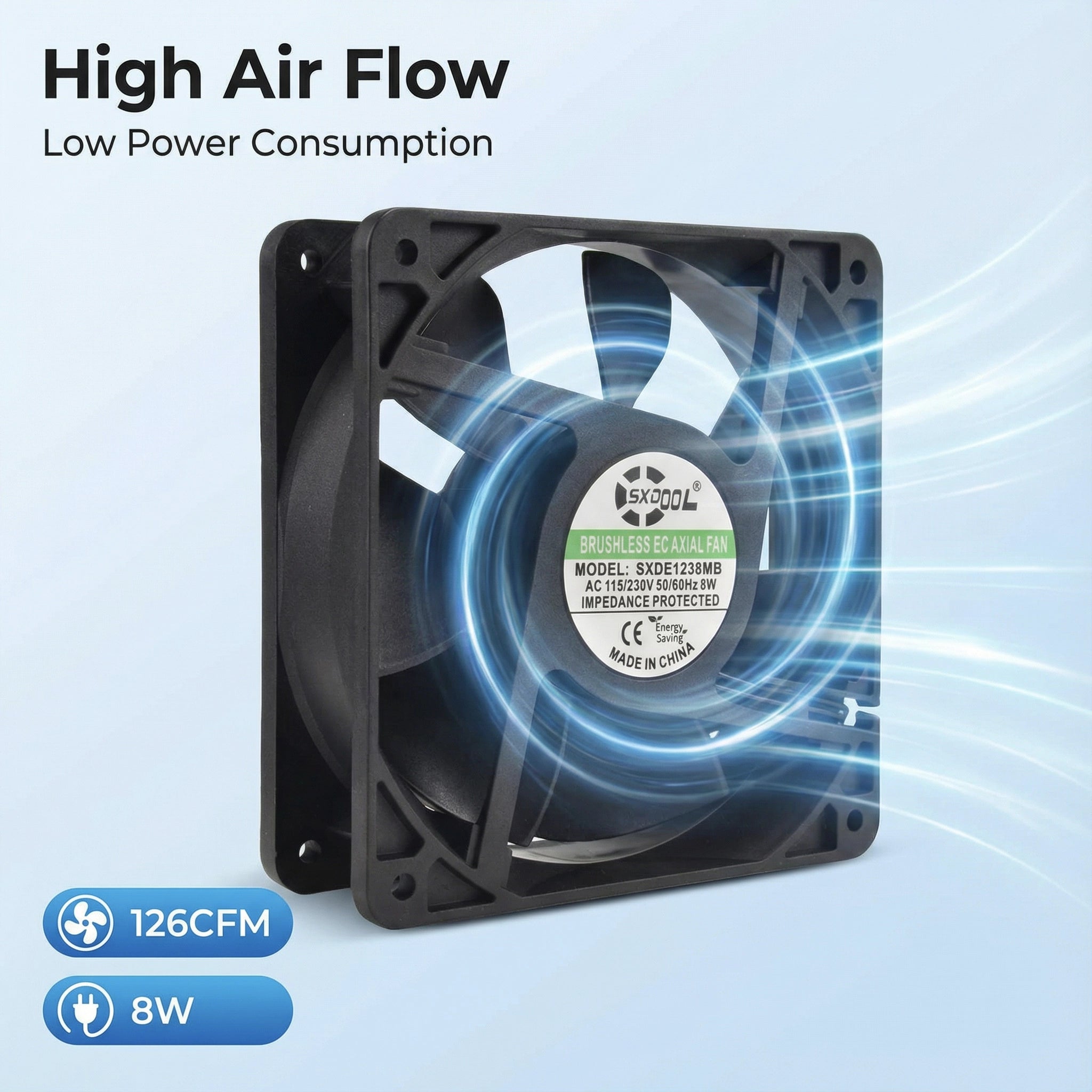 SXDOOL 120mm EC Cooling Fan - 120x120x38mm Dual Ball Bearing, AC 90-270V, 3000 RPM, 126 CFM High Airflow for Server Cabinet, Industrial Chassis & Powerful Ventilation | Source Factory