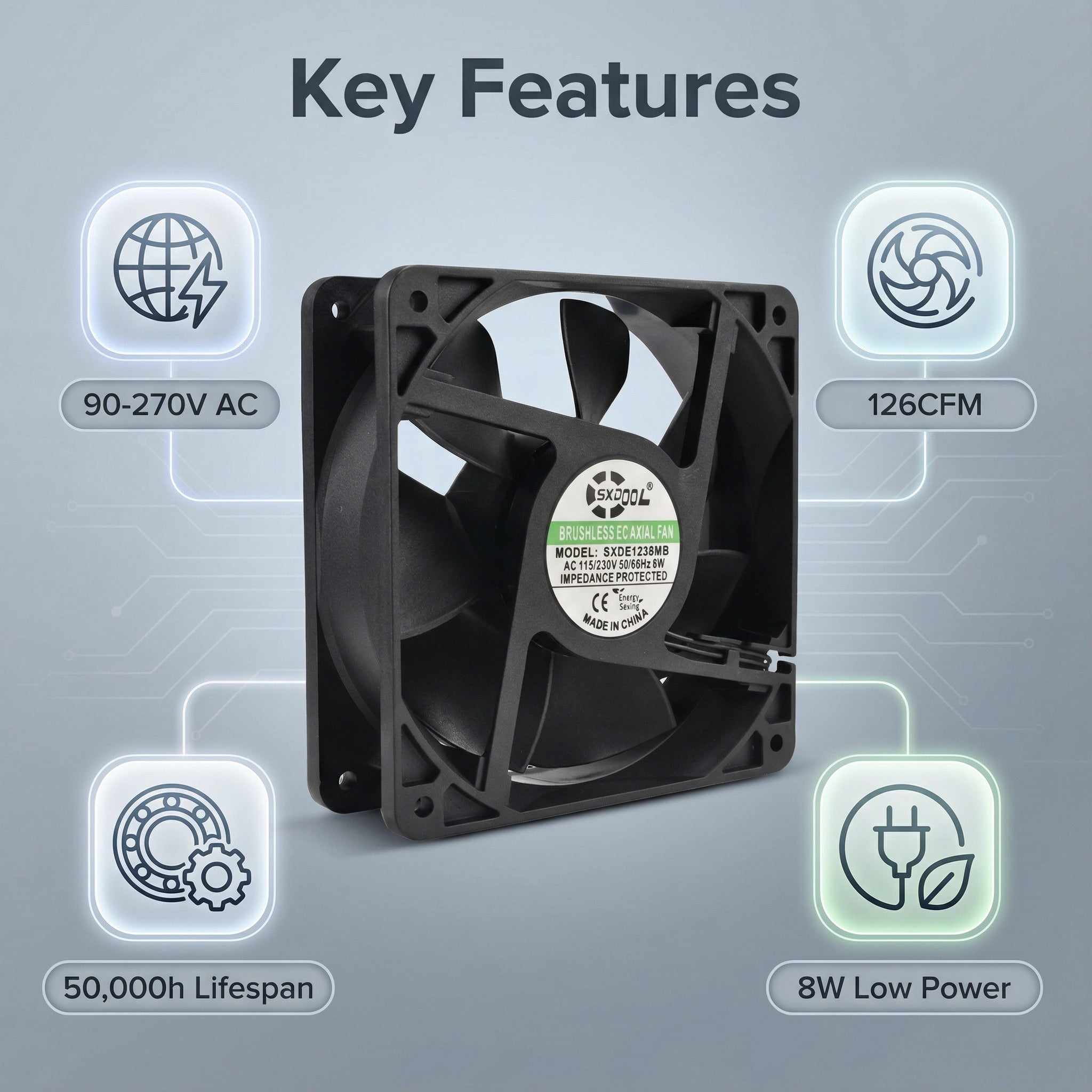 SXDOOL 120mm EC Cooling Fan - 120x120x38mm Dual Ball Bearing, AC 90-270V, 3000 RPM, 126 CFM High Airflow for Server Cabinet, Industrial Chassis & Powerful Ventilation | Source Factory