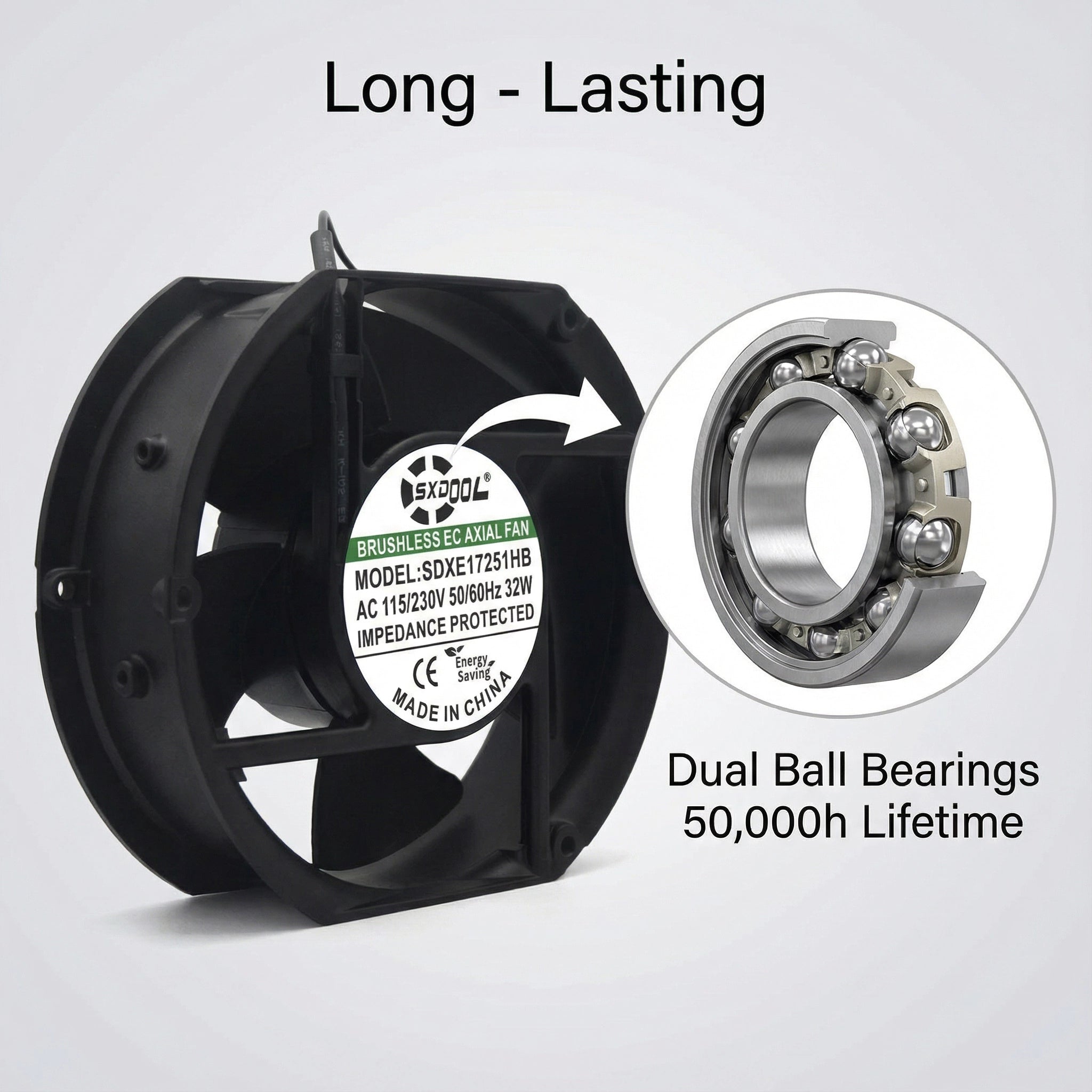 SXD17251HB 172mm EC Cooling Fan - 172x150x51mm Dual Ball Bearing, AC 115V/230V, 3500 RPM, 250+ CFM for Server Cabinet, Industrial Chassis & Power Equipment | Source Factory