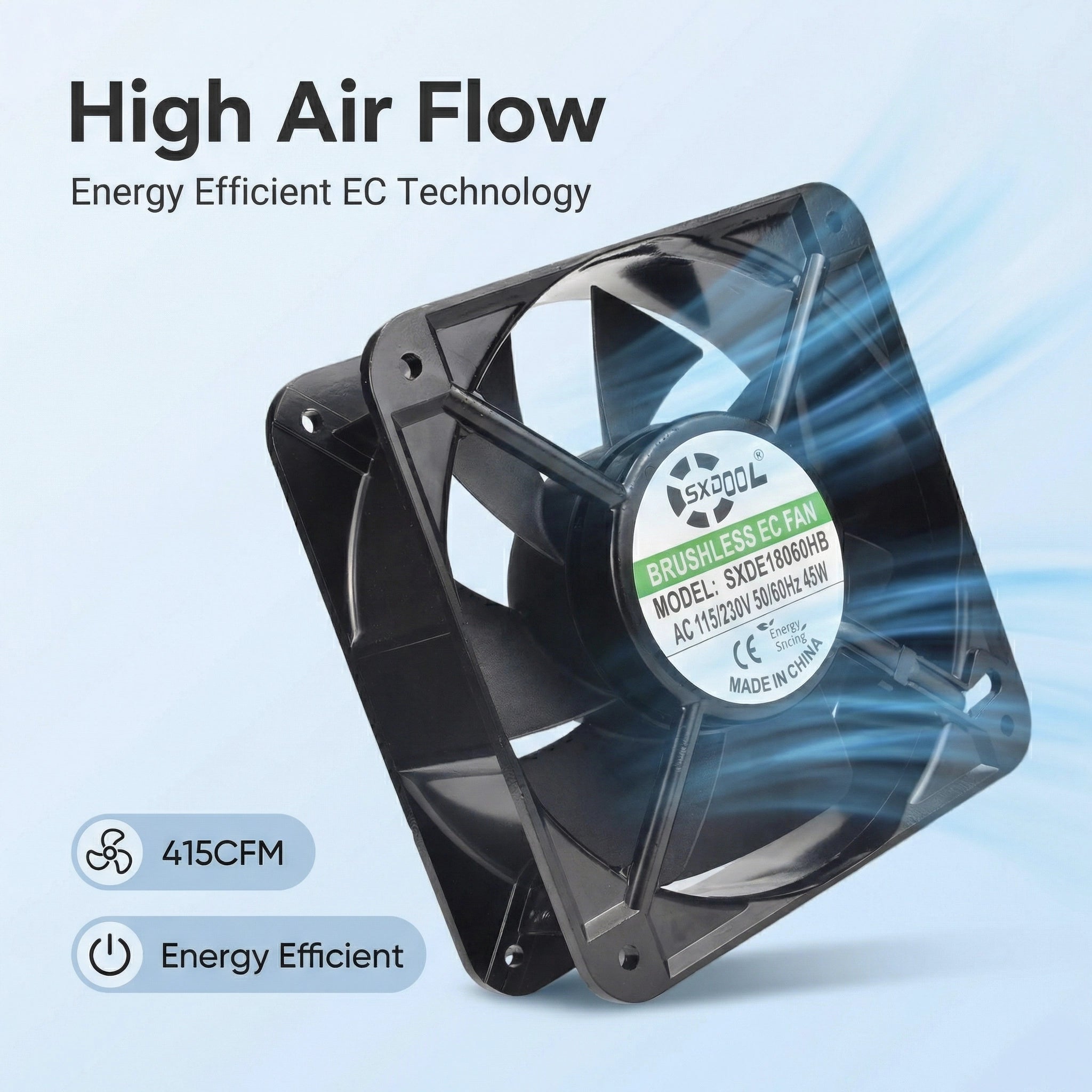 SXDOOL 180mm EC Cooling Fan - 180x180x60mm Dual Ball Bearing, AC 115V/230V, 3200 RPM, 415 CFM for Server Racks, Industrial Cabinets & Power Equipment | Source Factory