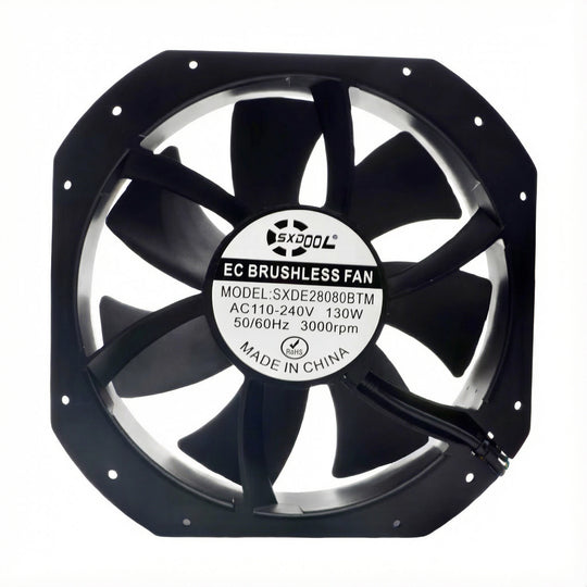 Ventilador EC SXDE28080BTM de 280 mm - 280 x 280 x 80 mm, 1200 CFM, 90-240 V CA, control PWM para armarios de servidores industriales, estaciones de carga y sistemas fotovoltaicos | Source Factory