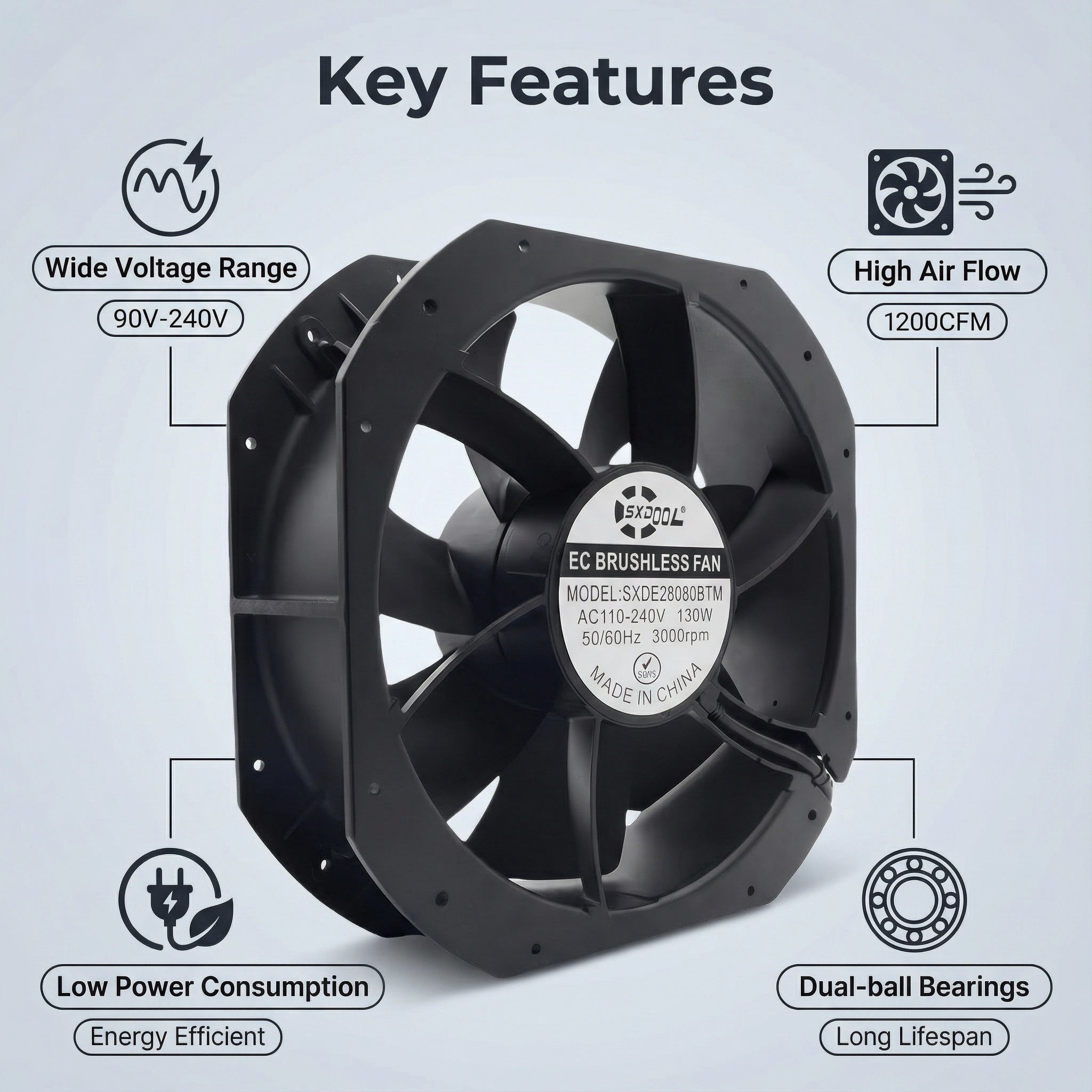 SXDE28080BTM 280mm EC Cooling Fan - 280x280x80mm, 1200 CFM, 90-240V AC, PWM Control for Industrial Server Cabinets, Charging Stations & Photovoltaic Systems | Source Factory