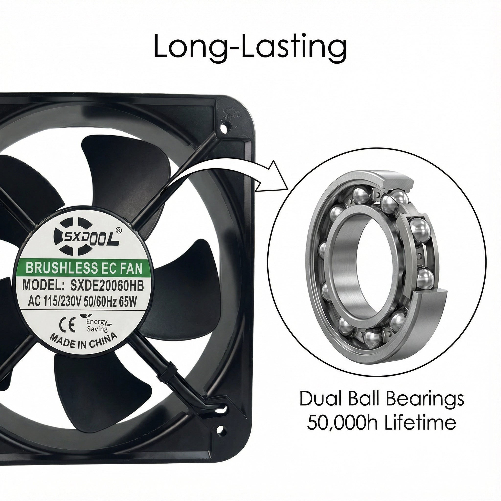 SXDOOL 200mm EC Cooling Fan - 200x200x60mm Dual Ball Bearing, AC 220V, 3200 RPM, 640 CFM High Airflow for Industrial Cabinet, Server Rack & Power Equipment Cooling | Energy-Efficient Source Factory