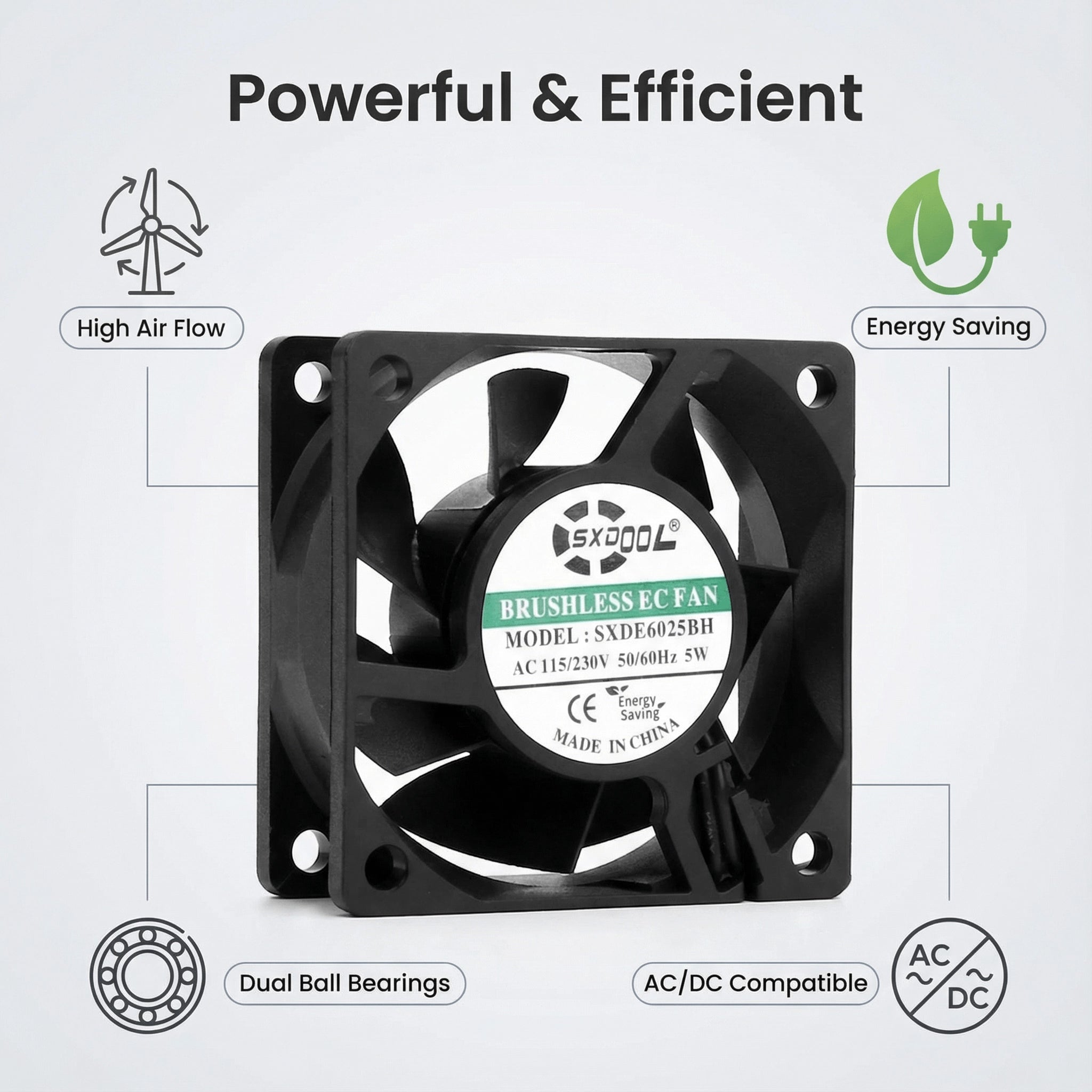 SXDE6025BH EC Brushless Axial Cooling Fan 60x25mm 115V 230V 5W 4300RPM 25CFM for Chassis, Cabinet, and Projector Cooling