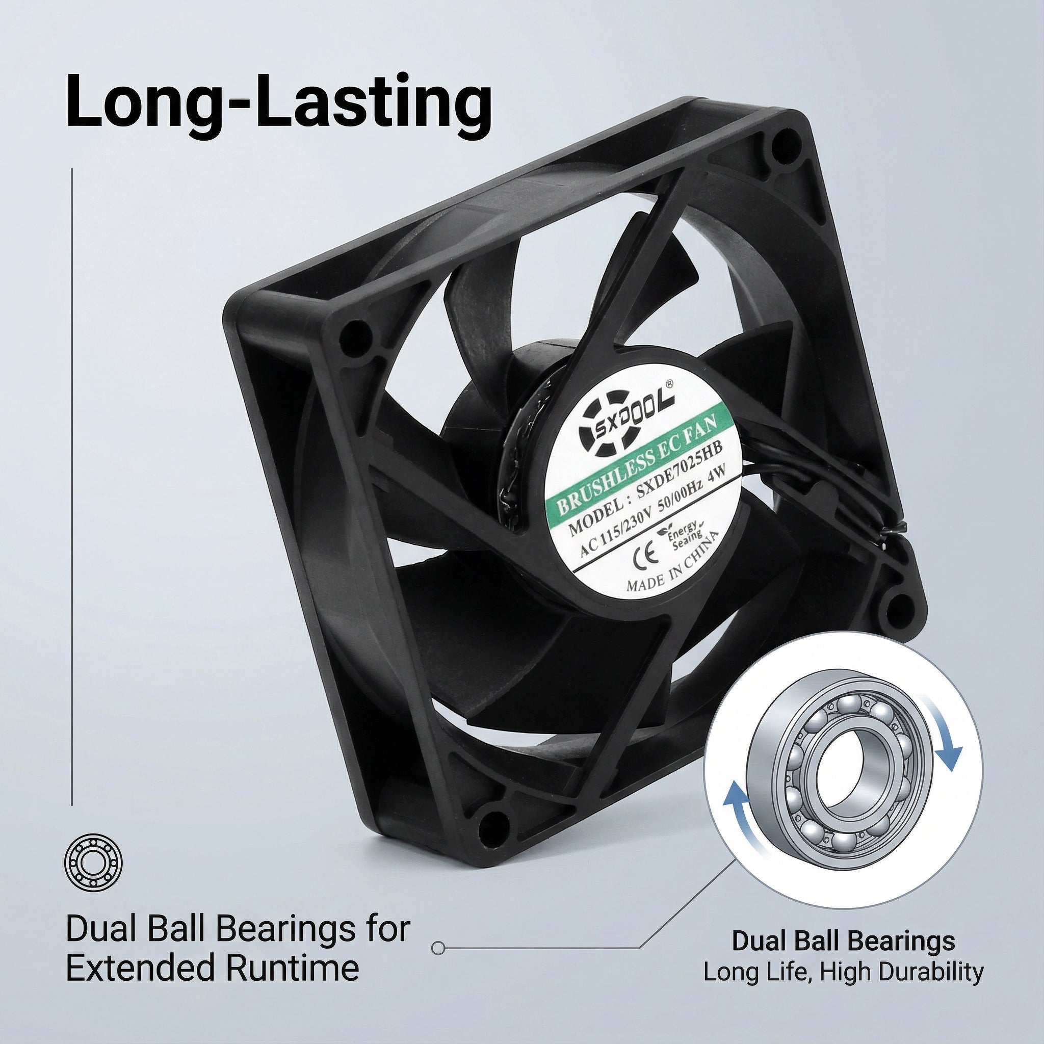 SXDOOL 70mm EC Motor Cooling Fan - High-Performance 3300RPM, 115V/230V Dual Voltage, 27.6CFM for Cabinet Exhaust & Chassis Cooling - 50,000-Hour Dual Ball Bearing, Industrial Grade