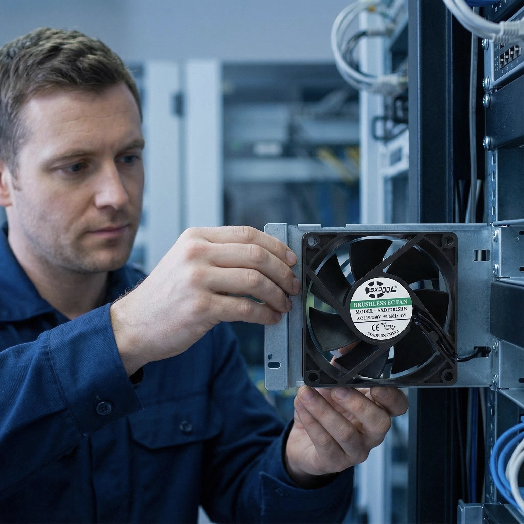 SXDOOL 70mm EC Motor Cooling Fan - High-Performance 3300RPM, 115V/230V Dual Voltage, 27.6CFM for Cabinet Exhaust & Chassis Cooling - 50,000-Hour Dual Ball Bearing, Industrial Grade