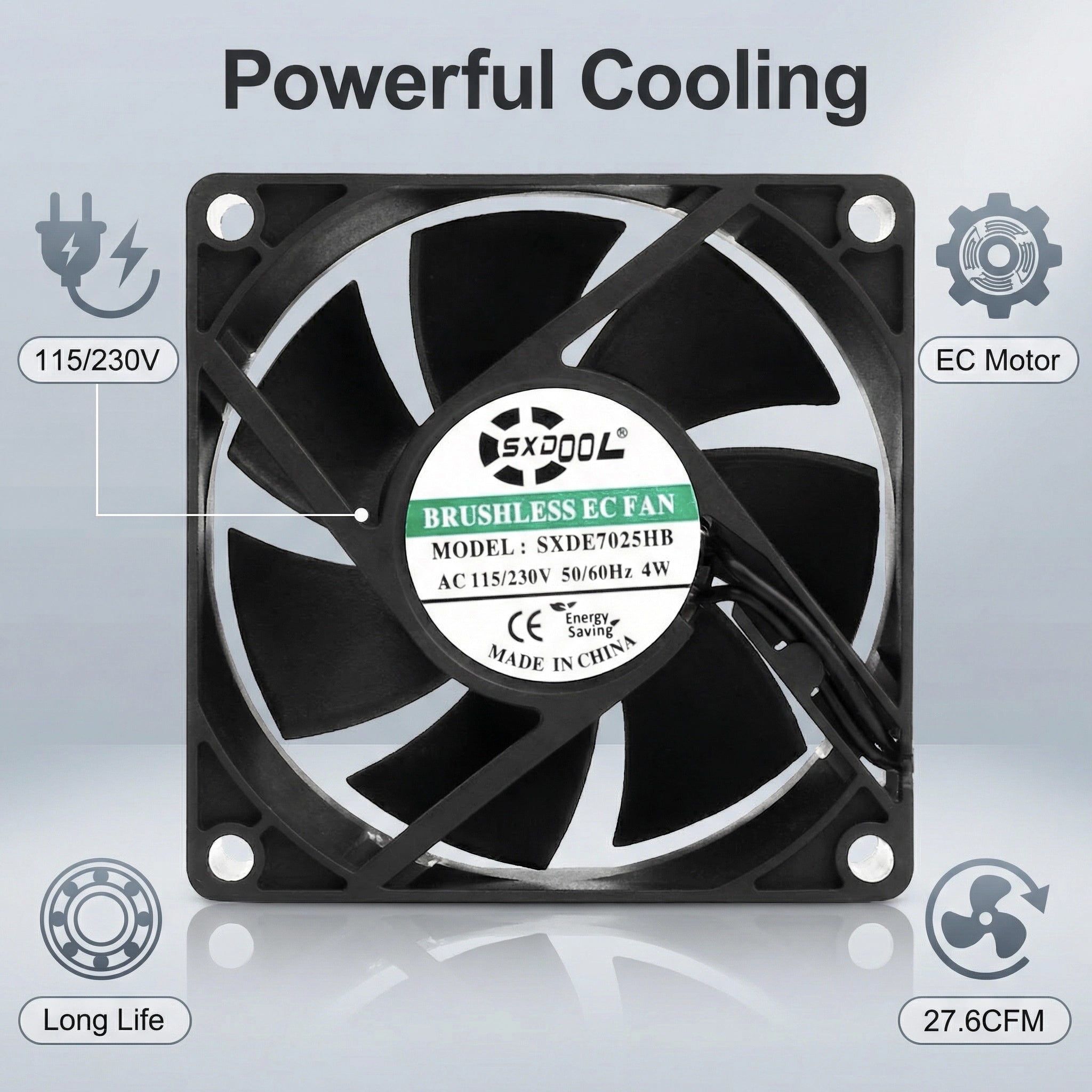 SXDOOL 70mm EC Motor Cooling Fan - High-Performance 3300RPM, 115V/230V Dual Voltage, 27.6CFM for Cabinet Exhaust & Chassis Cooling - 50,000-Hour Dual Ball Bearing, Industrial Grade