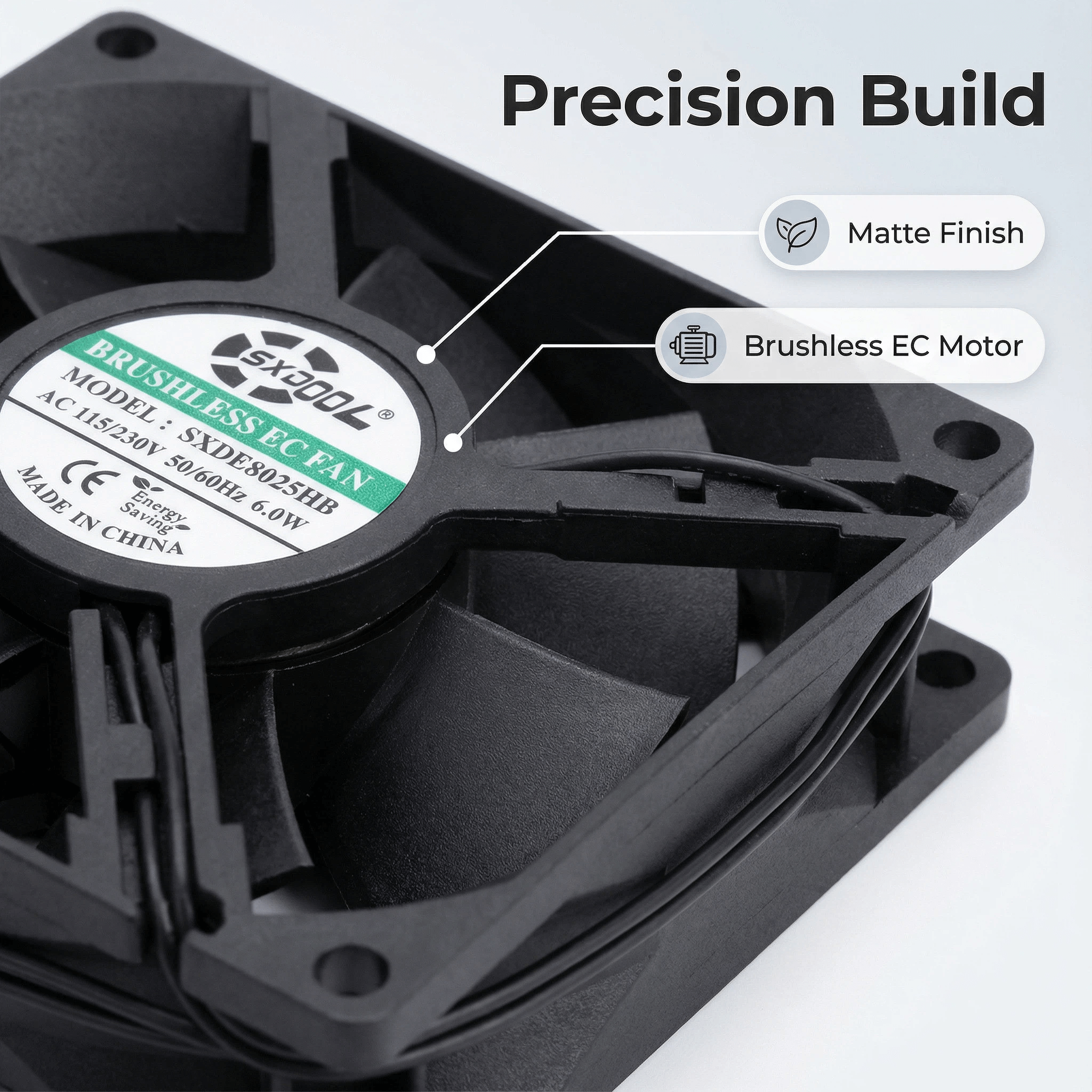 SXDE8025BH 80mm EC Cooling Fan - AC 110-240V Wide Voltage, 3400RPM, 45CFM, Dual Ball Bearing, for Server Cabinet, Chassis, Projector