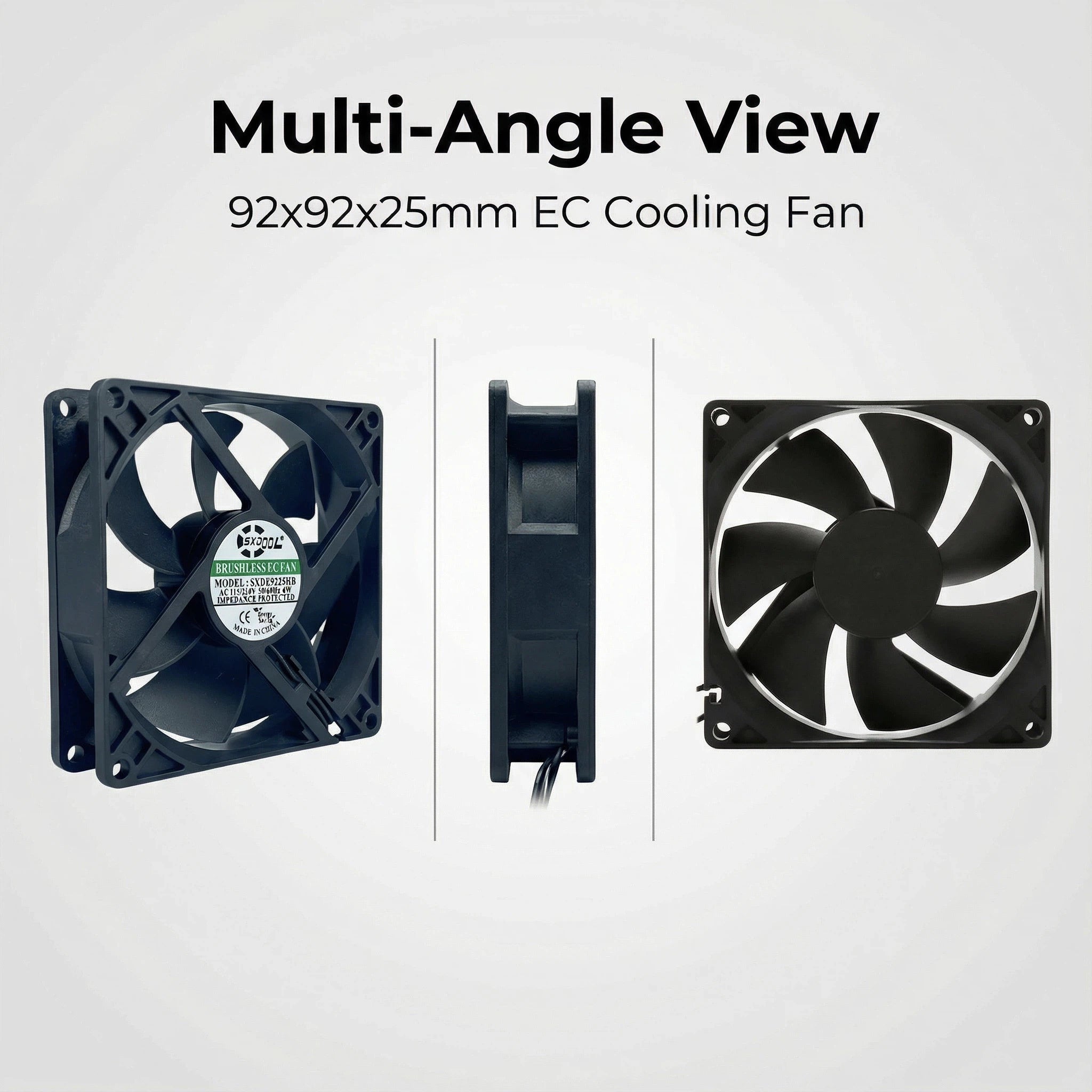 92mm EC Motor Cooling Fan - 92x92x25mm Dual Ball Bearing, AC 115V/230V, 2850 RPM, 55.2 CFM for Server Cabinet & Industrial Cooling | Source Factory