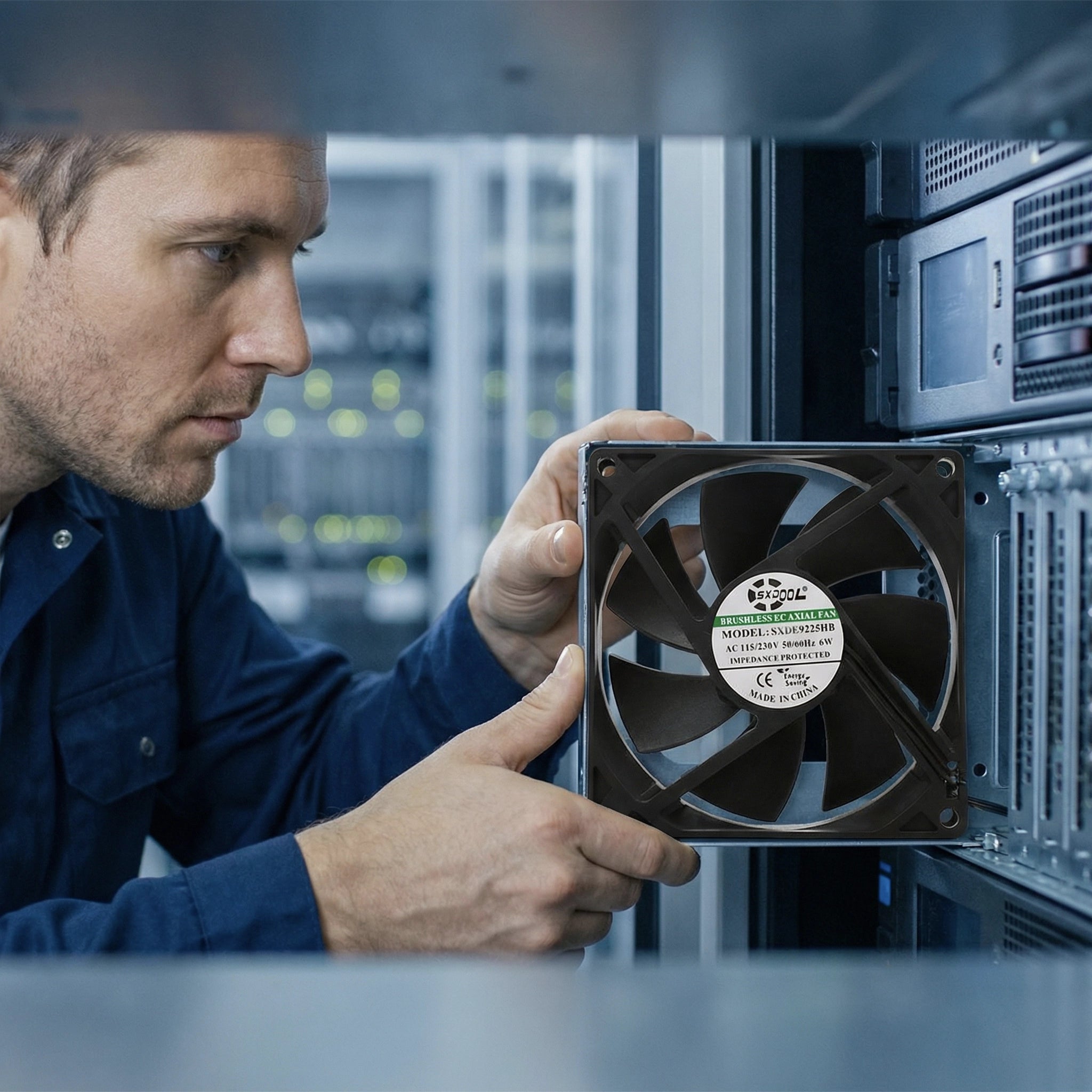 92mm EC Motor Cooling Fan - 92x92x25mm Dual Ball Bearing, AC 115V/230V, 2850 RPM, 55.2 CFM for Server Cabinet & Industrial Cooling | Source Factory