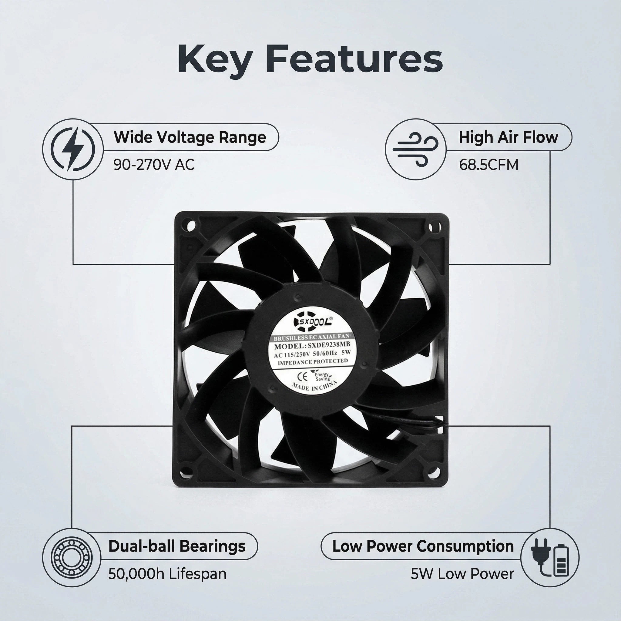 92mm EC Motor Cooling Fan - 92x92x38mm Dual Ball Bearing, AC 115V/230V, 3200 RPM, 68.5 CFM for Server Cabinet & Industrial Chassis Cooling | Source Factory