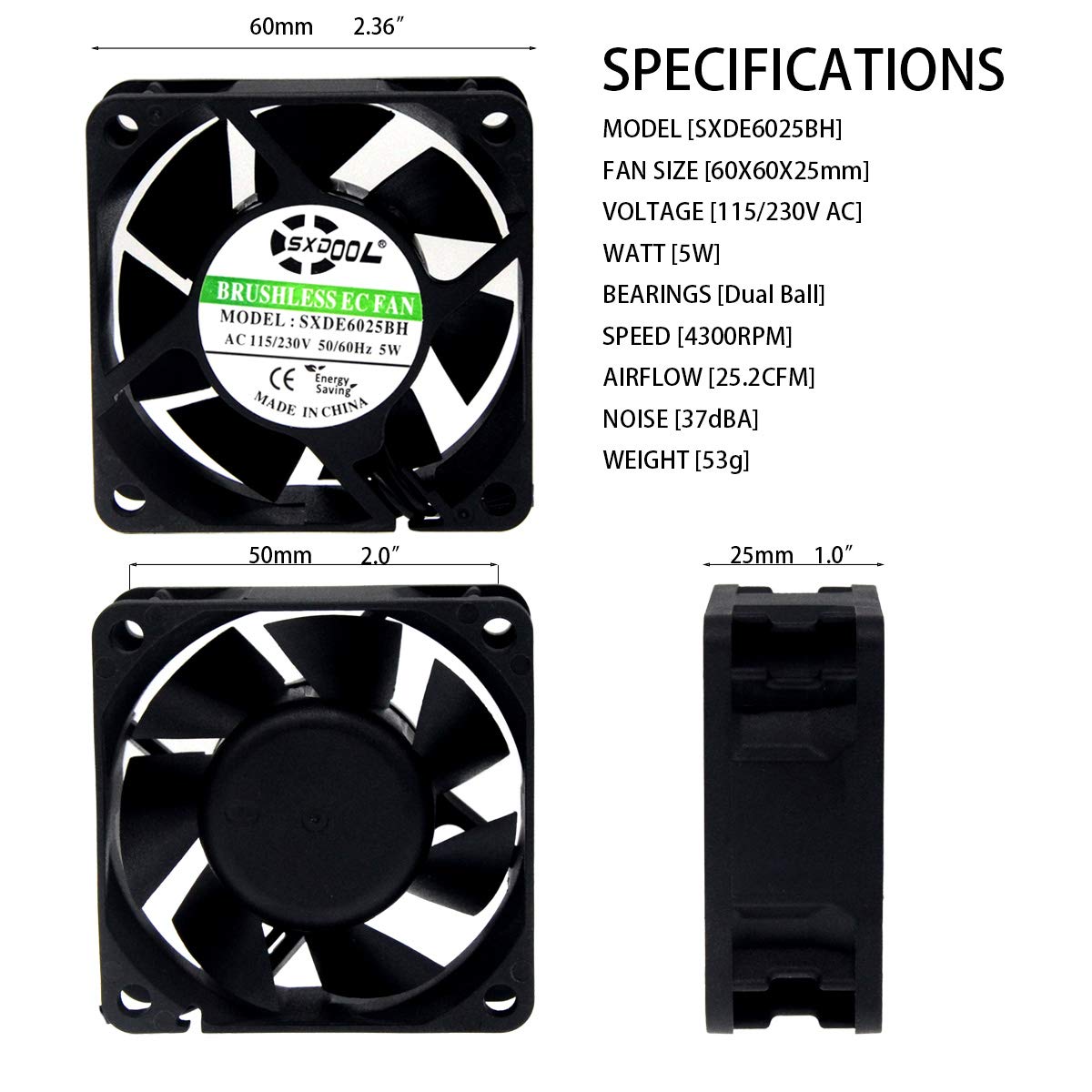 SXDE6025BH EC Brushless Axial Cooling Fan 60x25mm 115V 230V 5W 4300RPM 25CFM for Chassis, Cabinet, and Projector Cooling