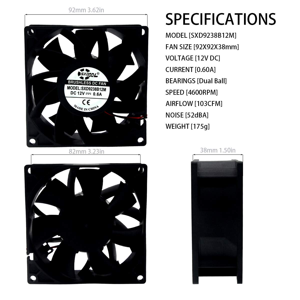 SXDOOL 92×92×38mm DC 12V High-Speed Cooling Fan — 4600 RPM | 103 CFM | Dual Ball Bearing (OEM)