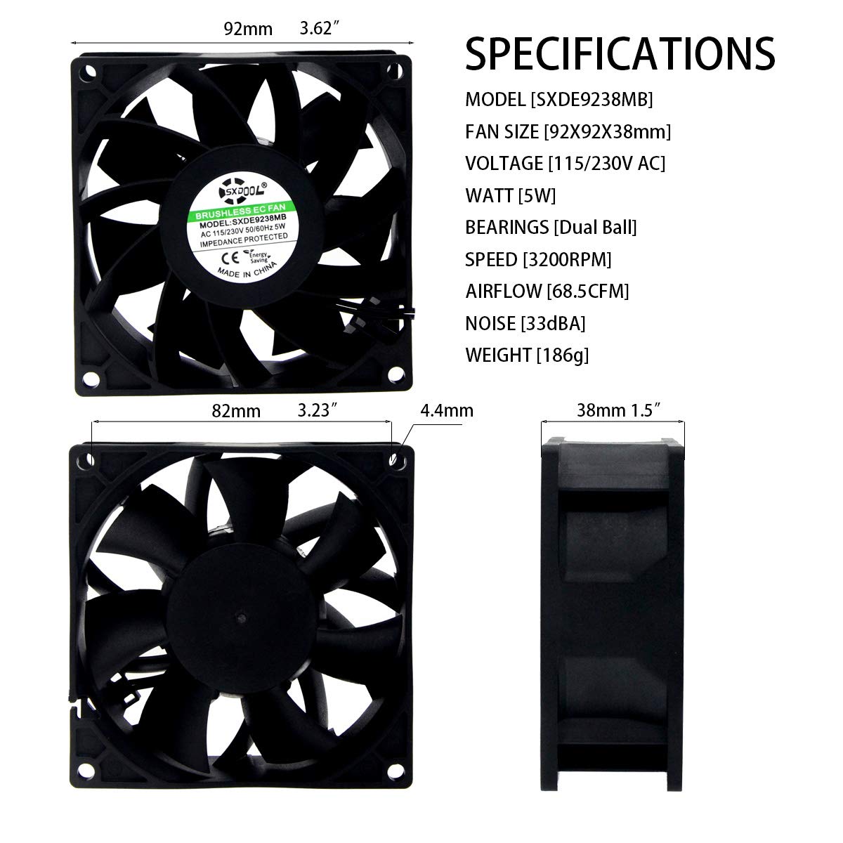 92mm EC Motor Cooling Fan - 92x92x38mm Dual Ball Bearing, AC 115V/230V, 3200 RPM, 68.5 CFM for Server Cabinet & Industrial Chassis Cooling | Source Factory