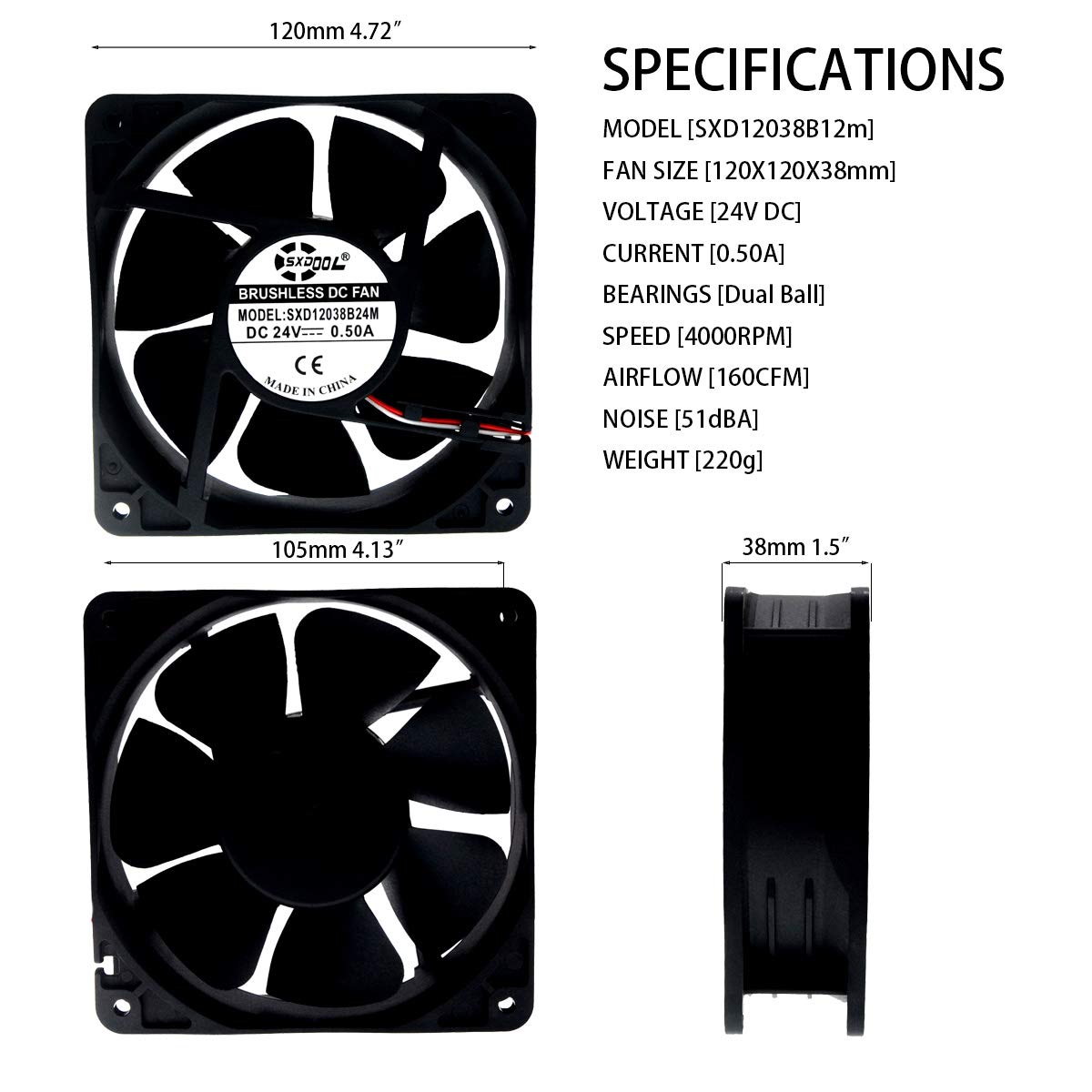 SXDOOL 120-mm-Lüfter, 24 V, 0,50 A, 160 CFM, Hochgeschwindigkeits-Lüfter, 120 mm x 120 mm x 38 mm, Kugellager