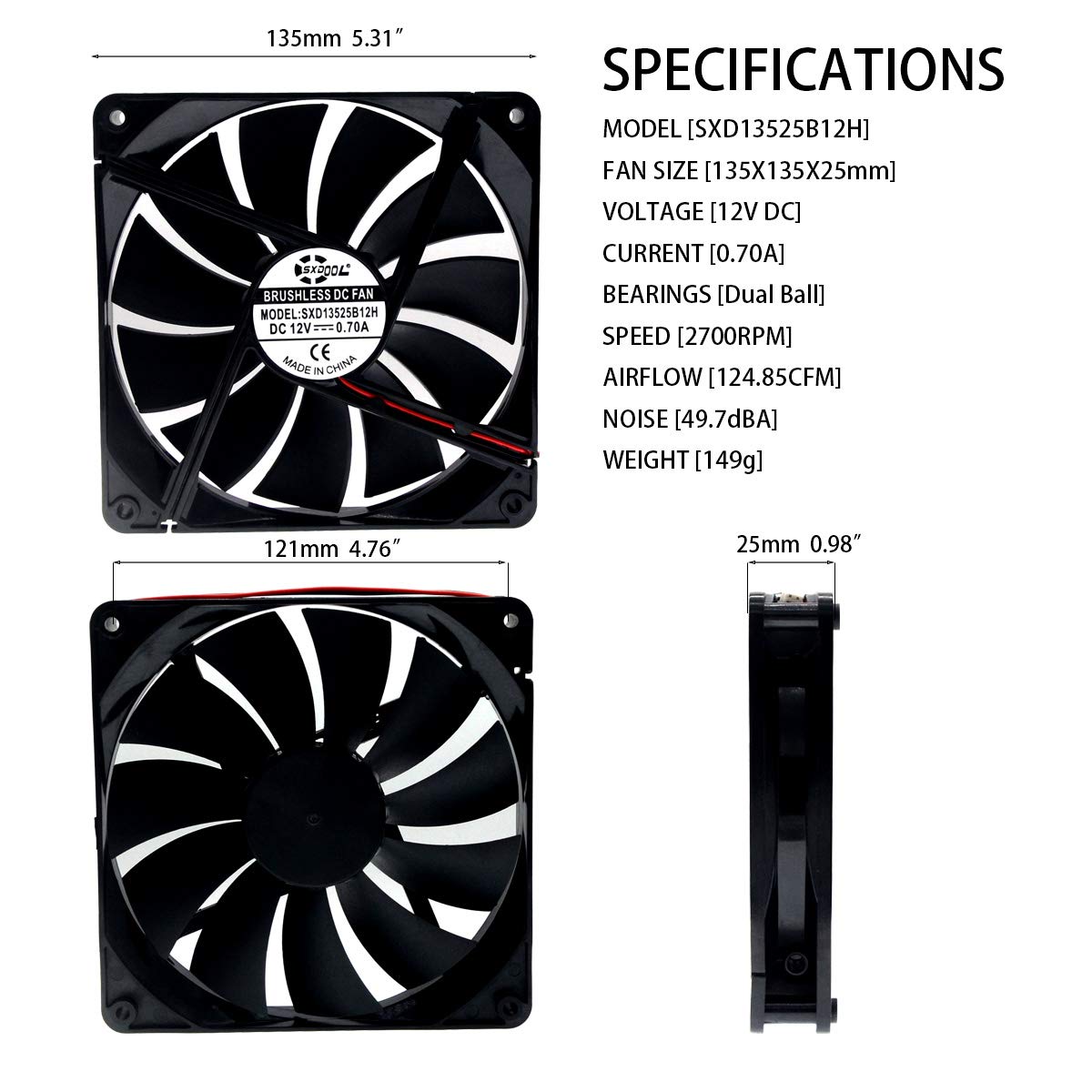 SXDOOL 135×135×25mm DC 12V High Airflow Cooling Fan — 2700RPM, 124.85CFM, Dual Ball Bearing, 2-Pin