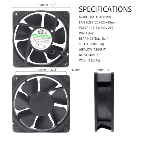 SXDOOL 120mm EC Cooling Fan - 120x120x38mm Dual Ball Bearing, AC 90-270V, 3000 RPM, 126 CFM High Airflow for Server Cabinet, Industrial Chassis & Powerful Ventilation | Source Factory