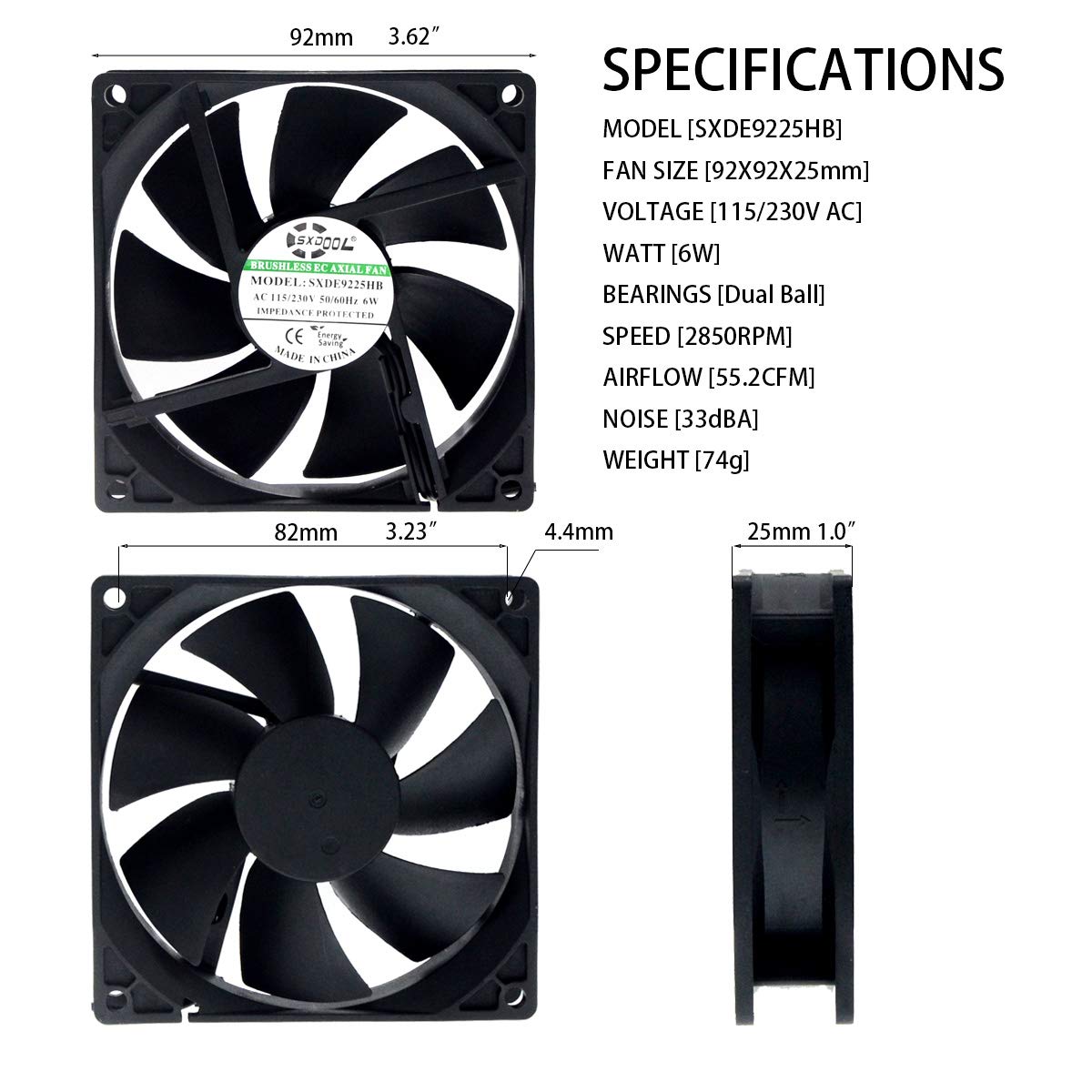 92mm EC Motor Cooling Fan - 92x92x25mm Dual Ball Bearing, AC 115V/230V, 2850 RPM, 55.2 CFM for Server Cabinet & Industrial Cooling | Source Factory