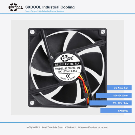 80x80x20mm 80mm 8020 DC Cooling Fan Series | 12V 24V 48V | Dual Ball Bearing