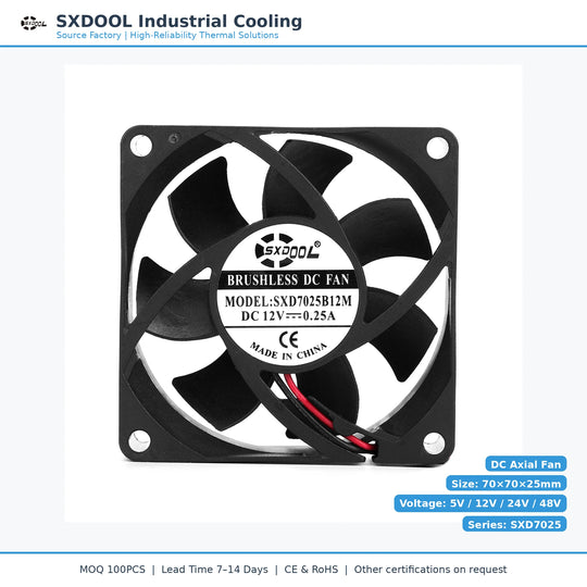 70x70x25mm 70mm 7025 DC Cooling Fan Series | 5V 12V 24V | Dual Ball Bearing