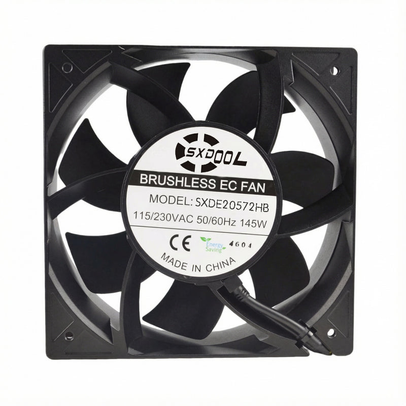 Ventilador EC SXDE20572HB de 205 mm - 205 x 205 x 72 mm, 115 V/230 V, 963 CFM, 3600 RPM con control PWM para armarios industriales, torres de carga y racks de servidores | Fábrica de fuentes de alta eficiencia