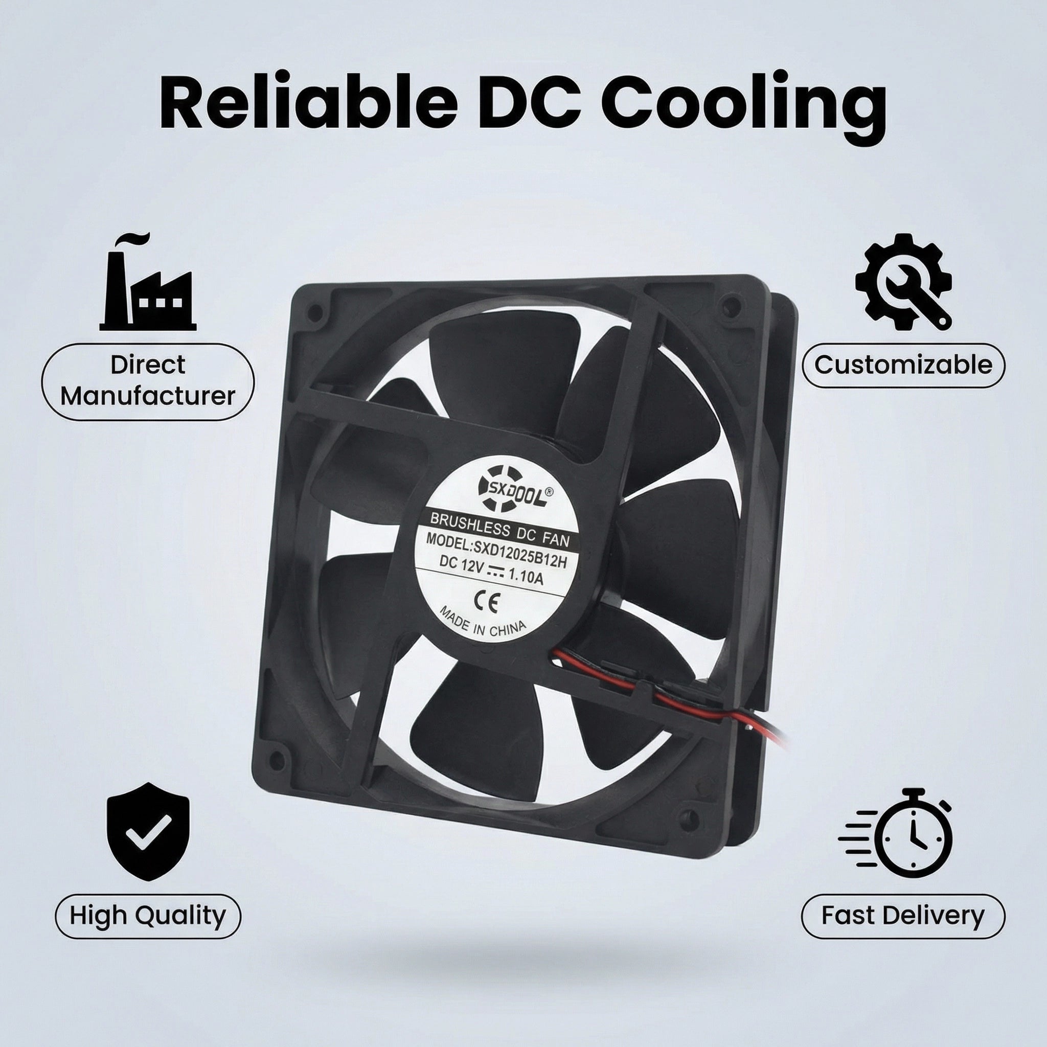 SXDOOL 120mm High Speed DC Fan, 12025 12V 0.56A 4400RPM 135.5CFM, 120X120X25mm Dual Ball Bearing Industrial Cooling Fan