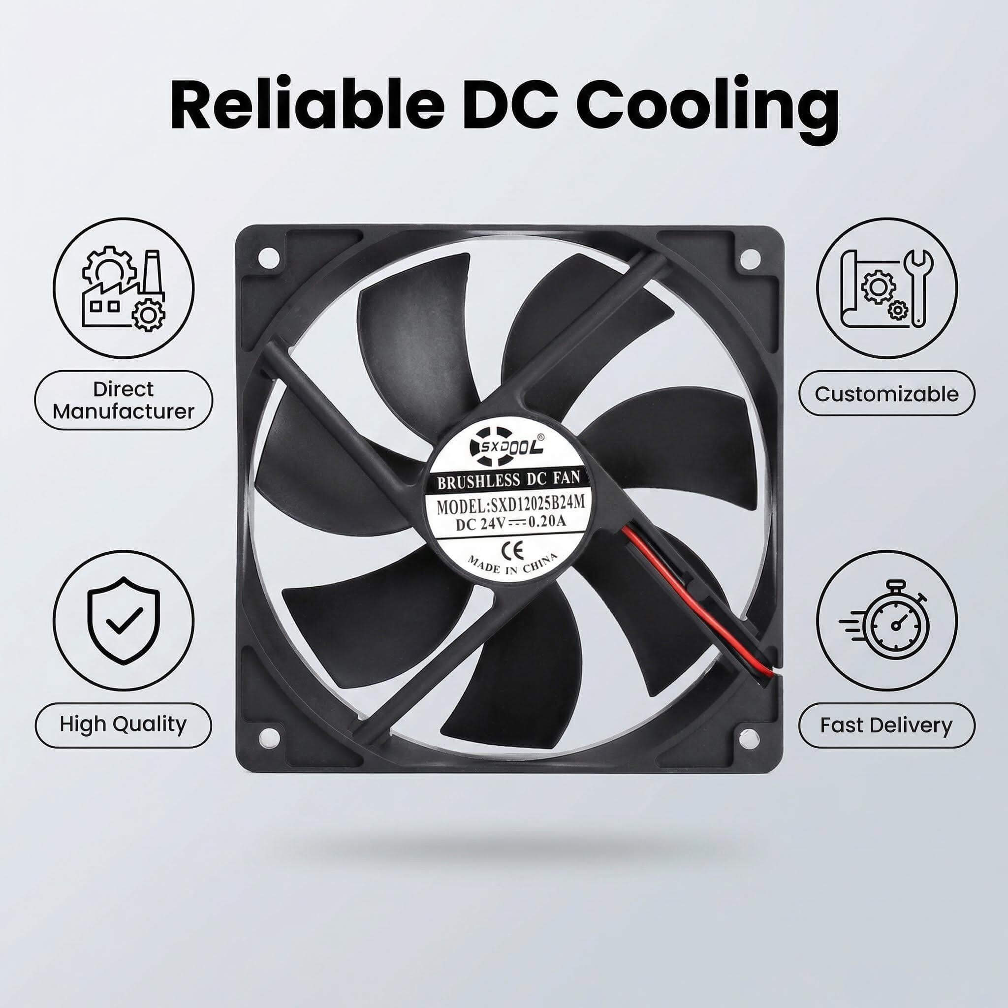 SXDOOL 120mm 24V DC Fan, 120x120x25mm 0.20A 2200RPM 79CFM, Dual Ball Bearing DC Brushless Cooling Fan for Industrial Equipment & PC Chassis