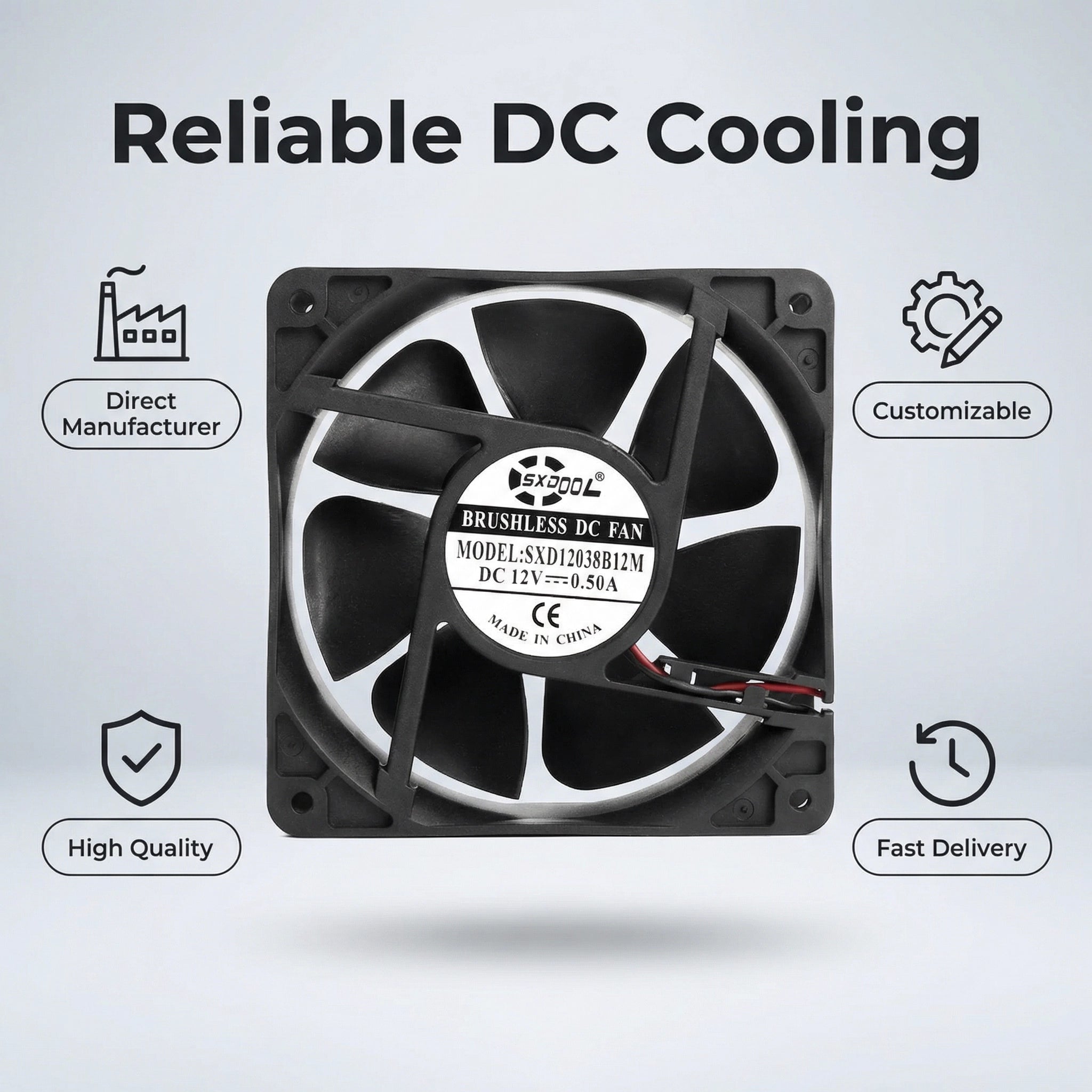 SXDOOL 120×120×38mm DC 12V High Airflow Cooling Fan — 3000RPM, 118CFM, Dual Ball Bearing, 3-Pin