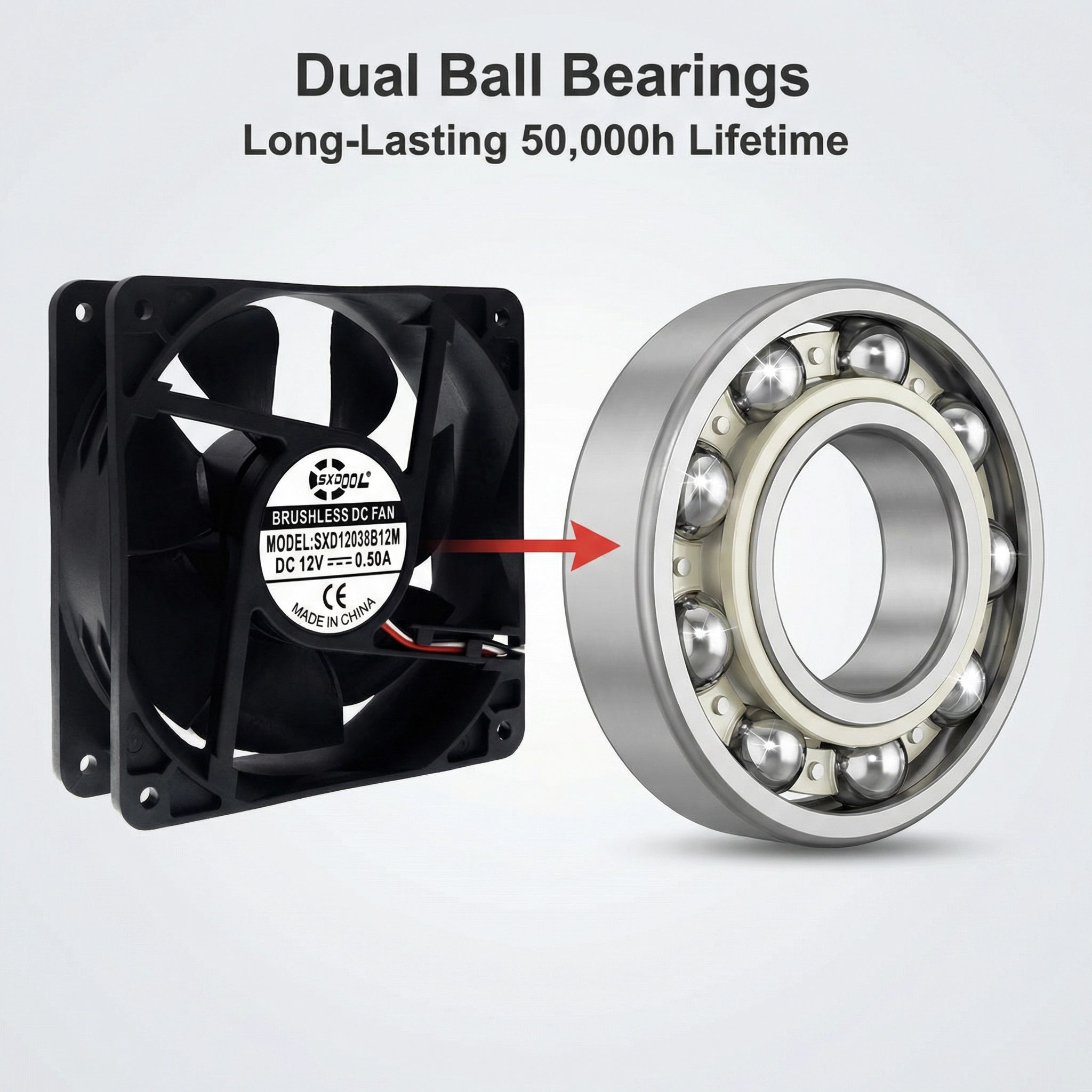 SXDOOL 120×120×38mm DC 12V High Airflow Cooling Fan — 3000RPM, 118CFM, Dual Ball Bearing, 3-Pin