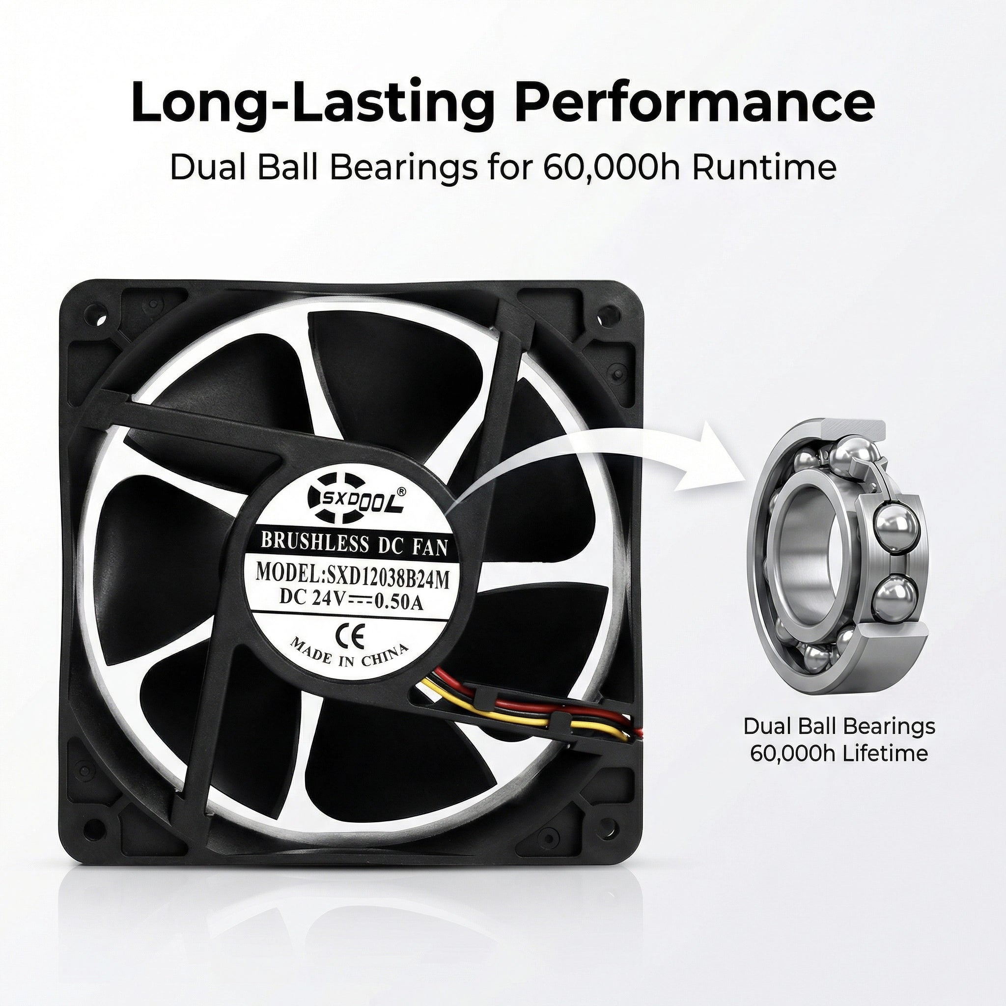 SXDOOL 120-mm-Lüfter, 24 V, 0,50 A, 160 CFM, Hochgeschwindigkeits-Lüfter, 120 mm x 120 mm x 38 mm, Kugellager