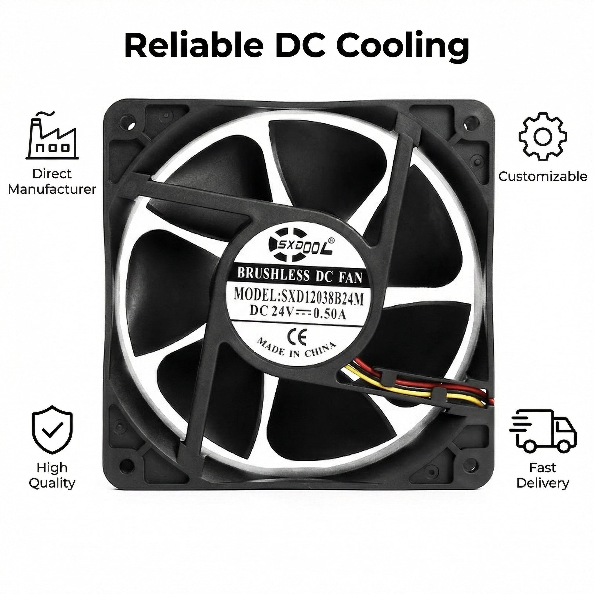 SXDOOL 120-mm-Lüfter, 24 V, 0,50 A, 160 CFM, Hochgeschwindigkeits-Lüfter, 120 mm x 120 mm x 38 mm, Kugellager