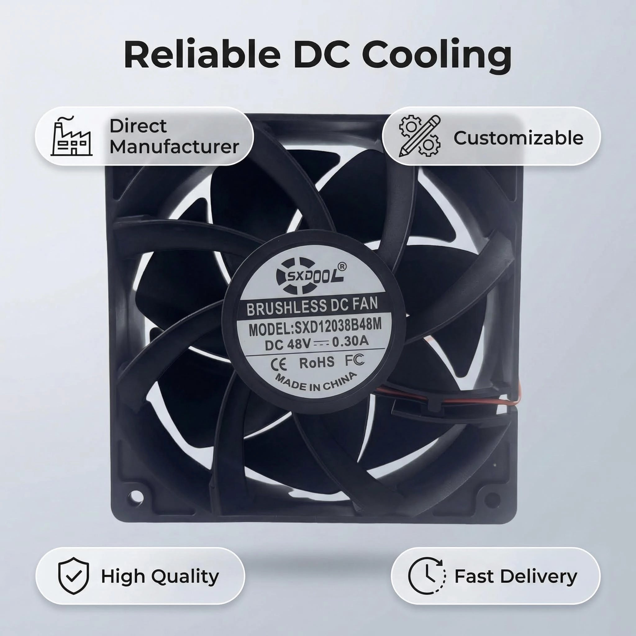SXDOOL 120mm 48V DC Fan, 12038 0.30A 3100RPM 126CFM High Airflow, Dual Ball Bearing Heavy-Duty Cooling Fan for Telecom & Server Cabinets