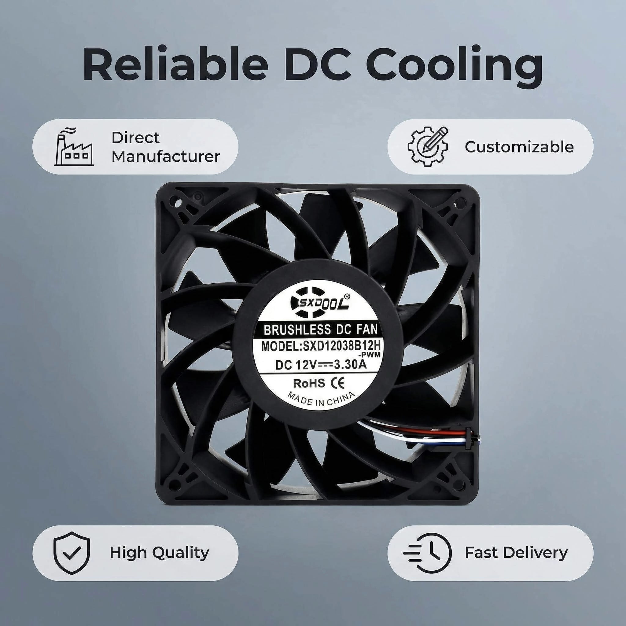 SXDOOL 120mm Extreme High Speed Fan, 12038 12V 3.3A 4500RPM 215CFM, Dual Ball Bearing 4-Pin PWM High Static Pressure Industrial Cooling Fan